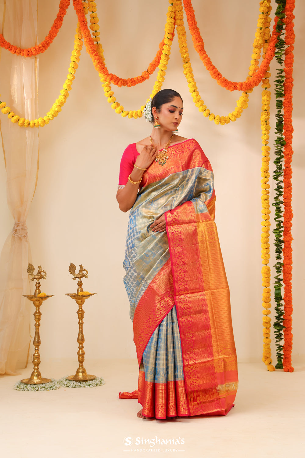 Columbia Yellow Tissue Kanjivaram Saree With Floral Geometric Weaving