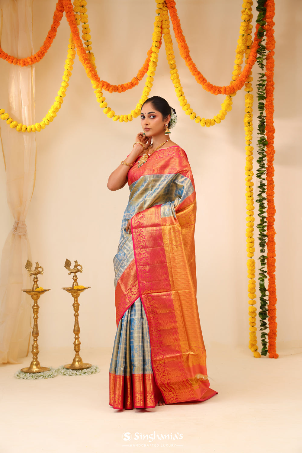 Columbia Yellow Tissue Kanjivaram Saree With Floral Geometric Weaving