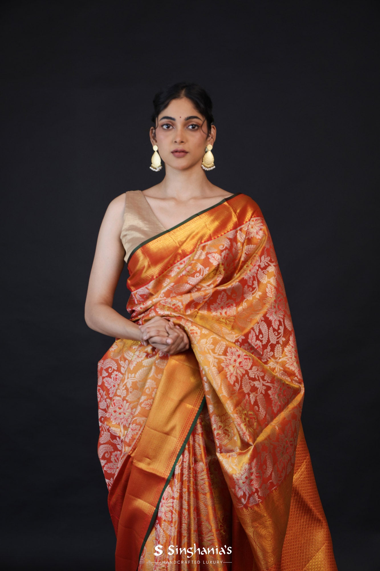 Royal Orange Korvai Tissue Kanjivaram Silk Saree With Floral Jaal Weaving