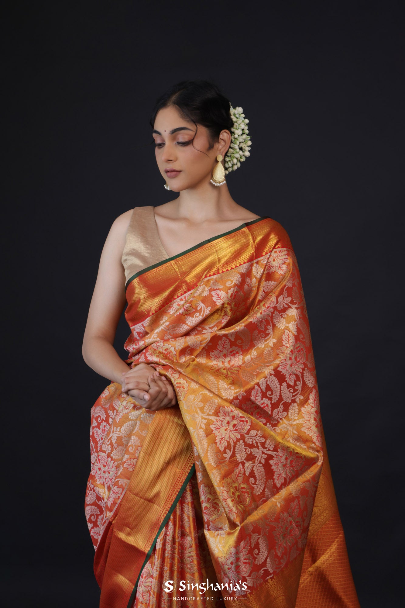 Royal Orange Korvai Tissue Kanjivaram Silk Saree With Floral Jaal Weaving