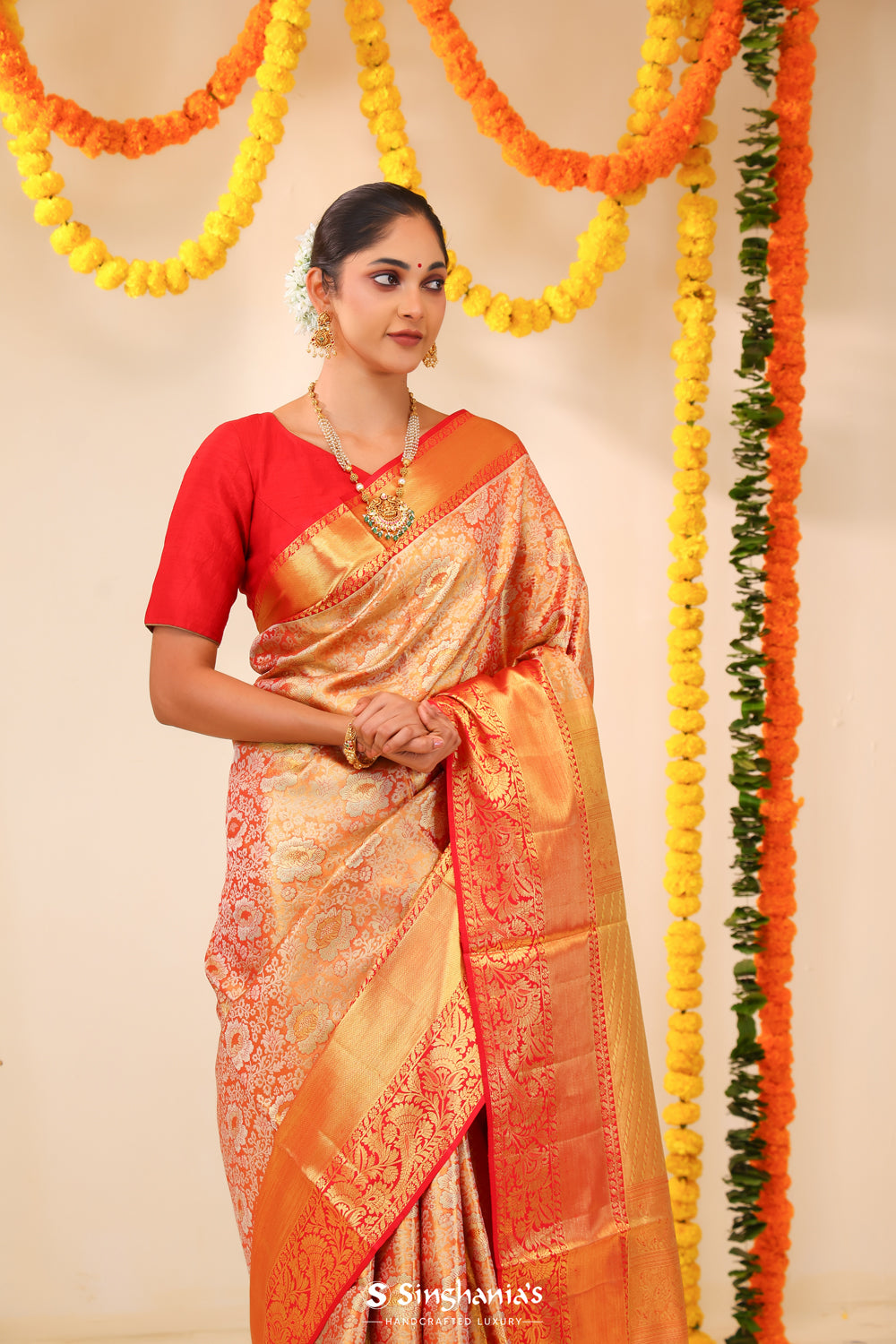 Orange Red Tissue Kanjivaram Saree With Floral Weaving