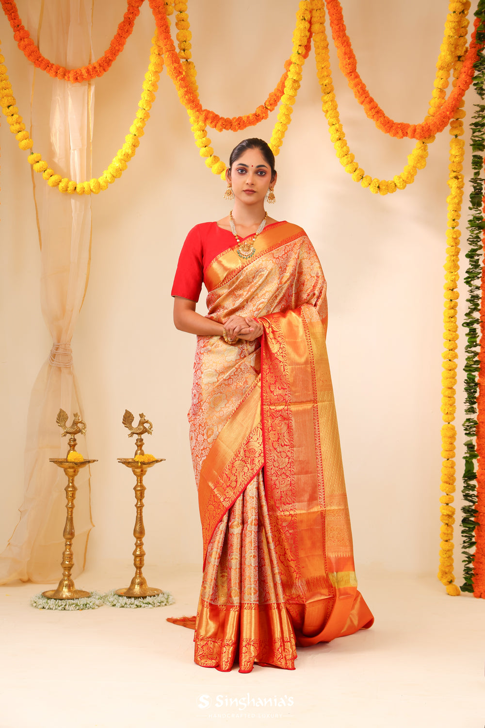 Orange Red Tissue Kanjivaram Saree With Floral Weaving