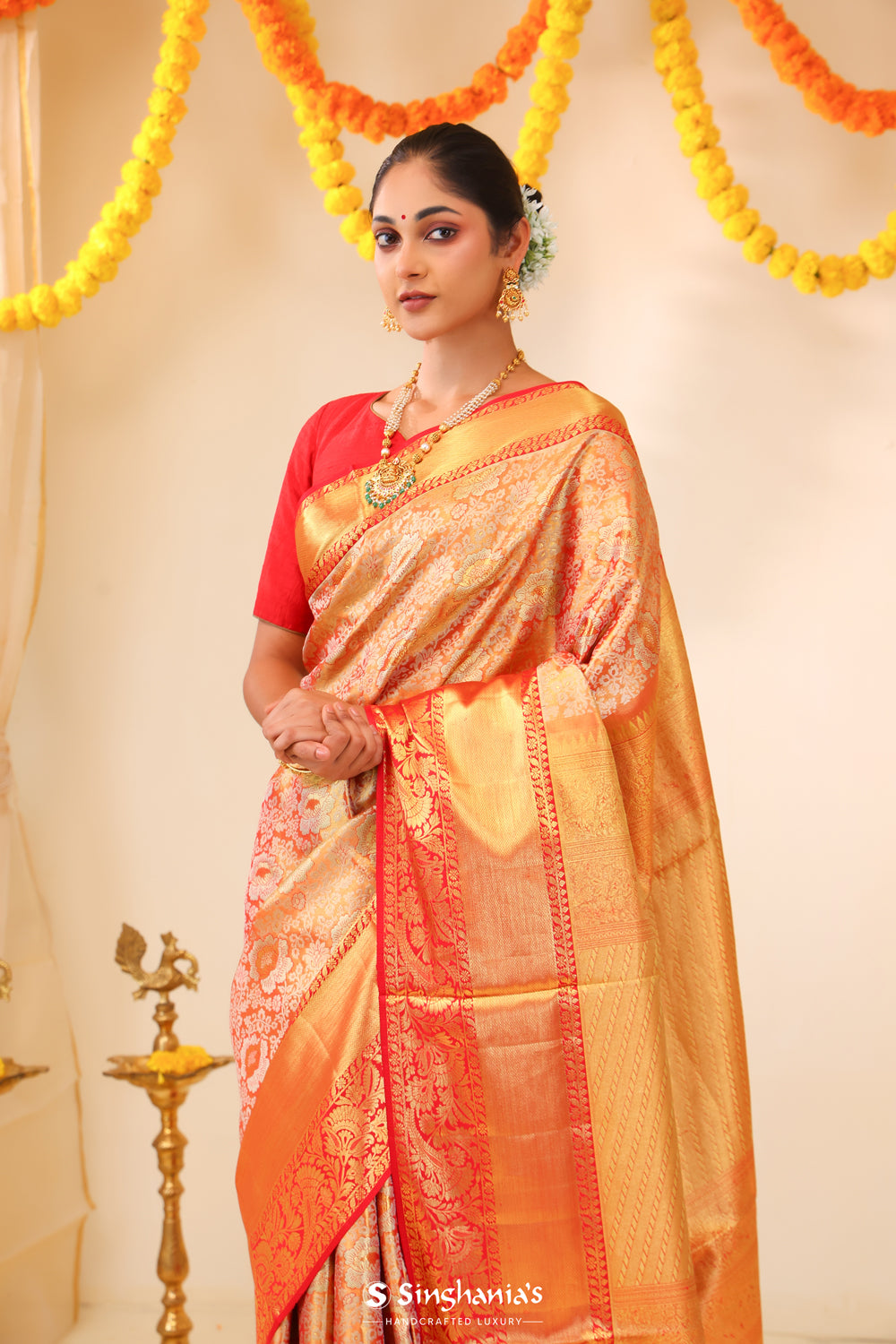 Orange Red Tissue Kanjivaram Saree With Floral Weaving