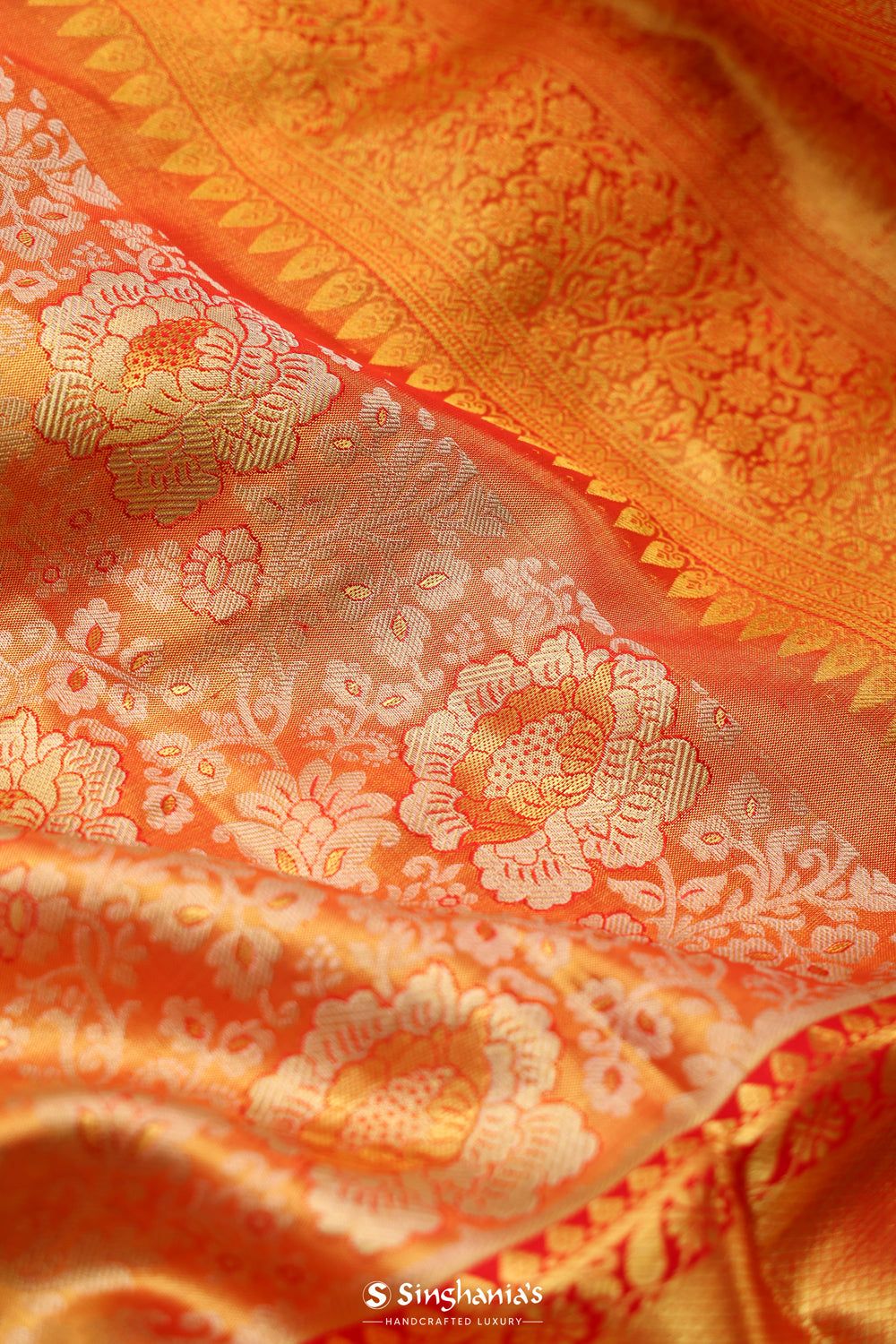 Orange Red Tissue Kanjivaram Saree With Floral Weaving