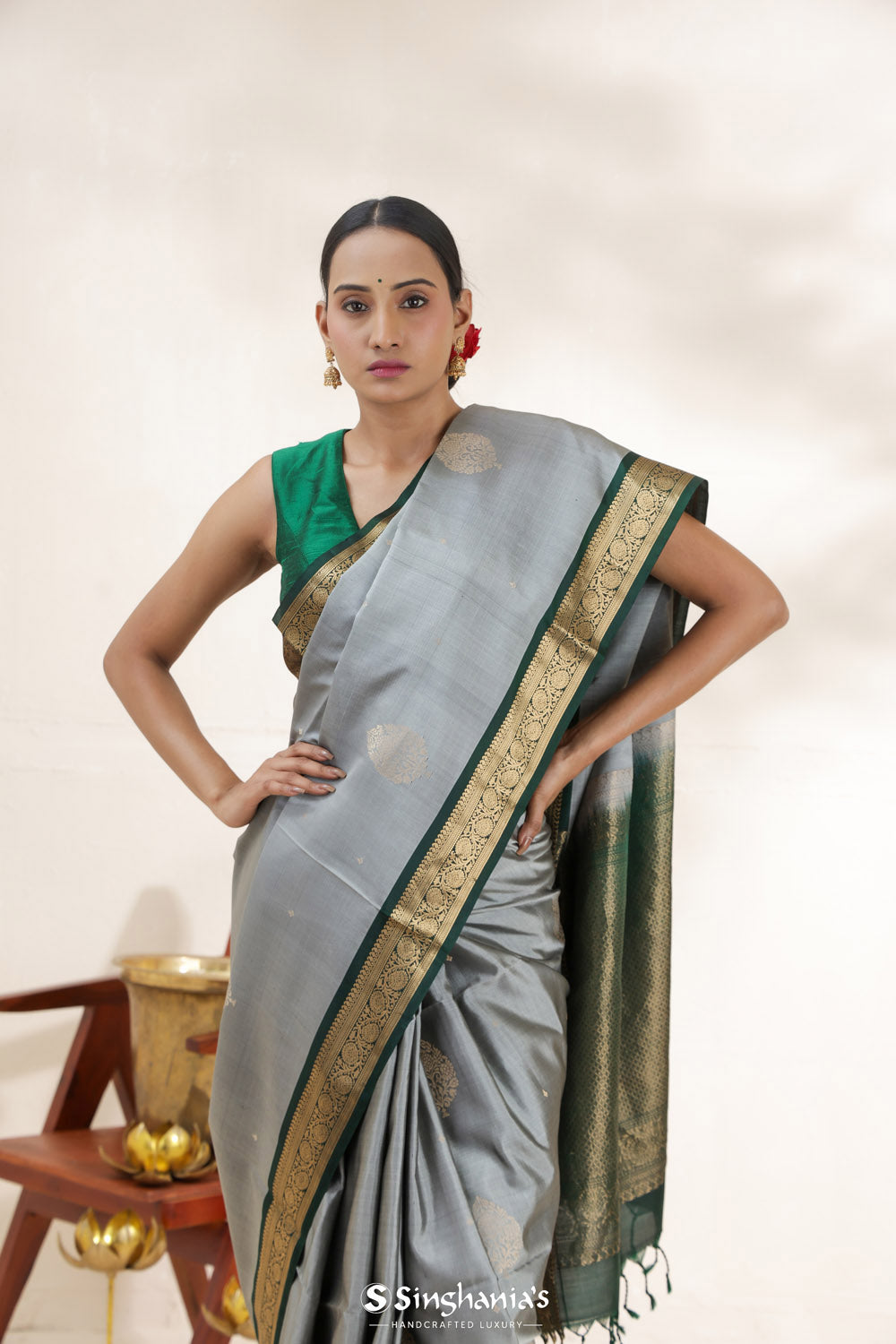 Cadet Grey Soft Silk Saree With Zari Weaving