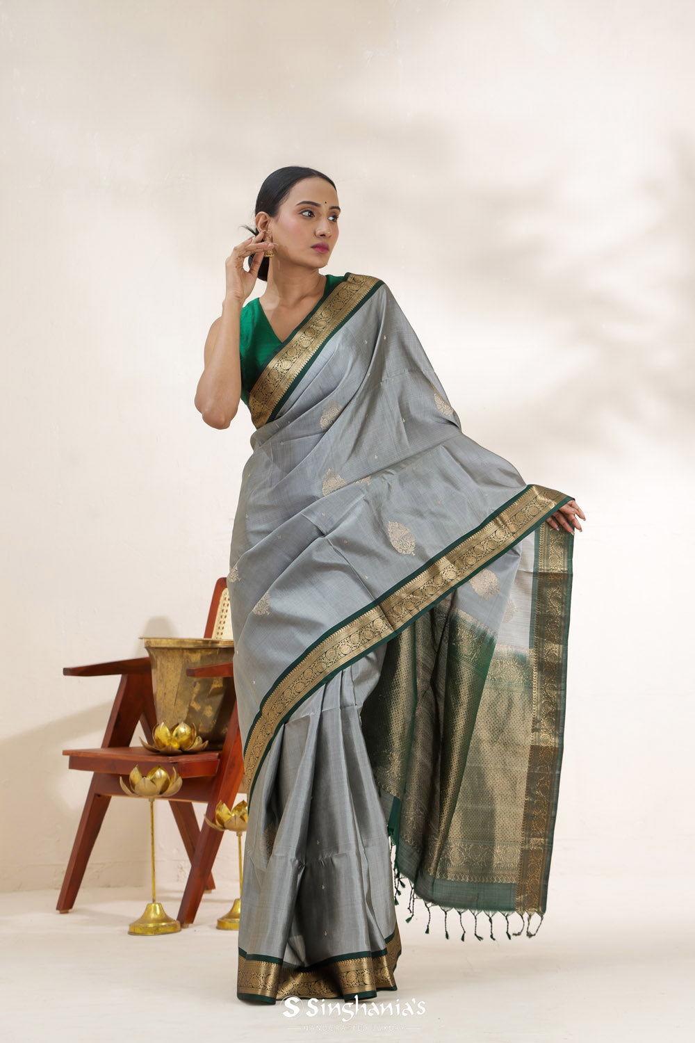 Cadet Grey Soft Silk Saree With Zari Weaving