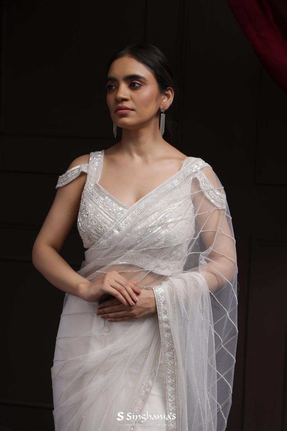 Mercury White Net Designer Saree With Hand Embroidery