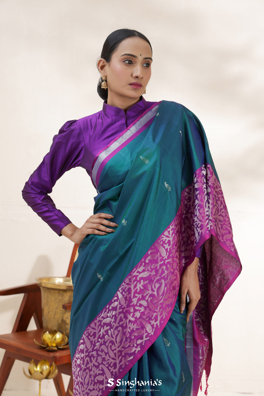 Teal Blue Soft Silk Saree With Contrast Floral Border