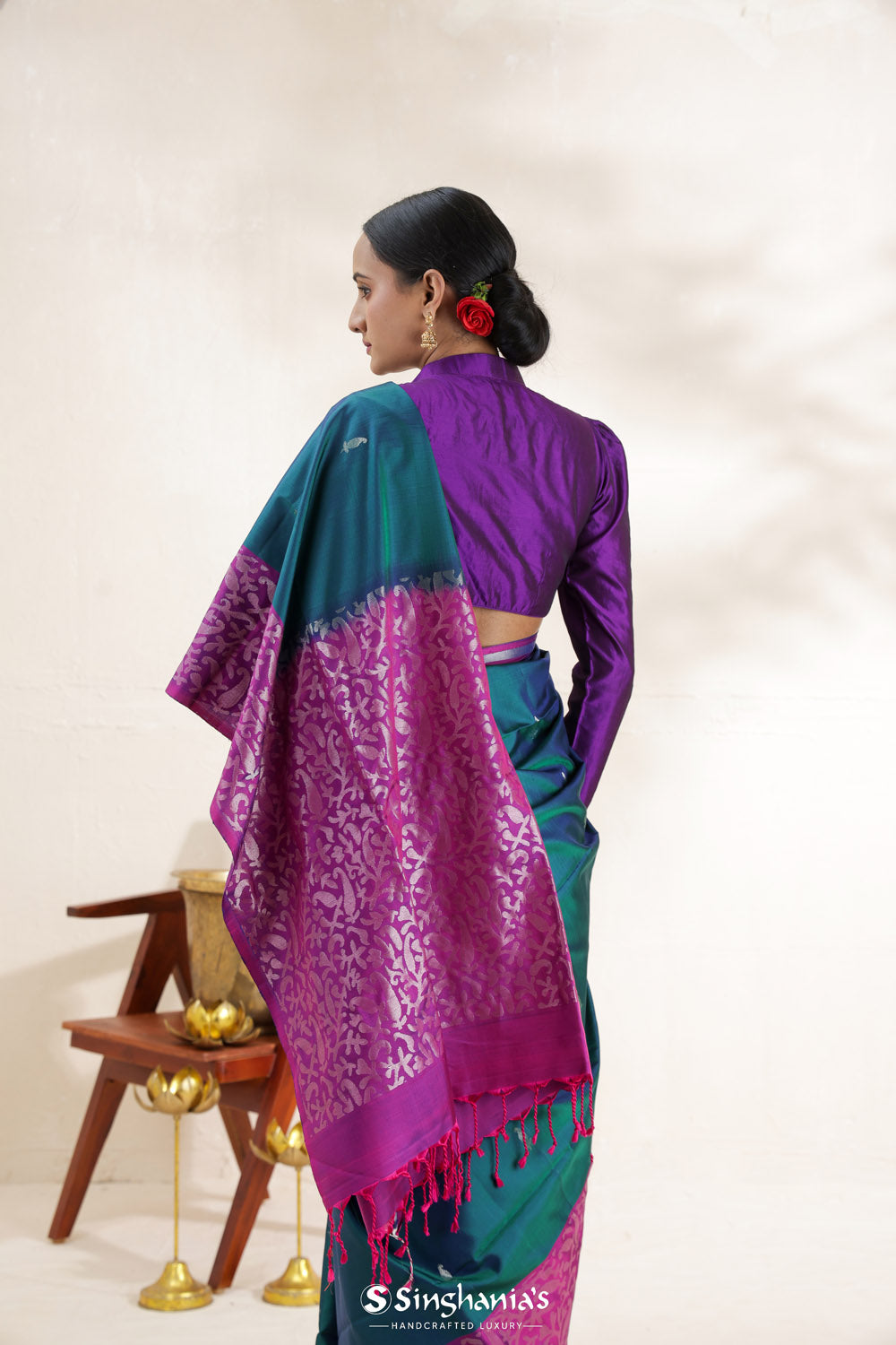 Teal Blue Soft Silk Saree With Contrast Floral Border