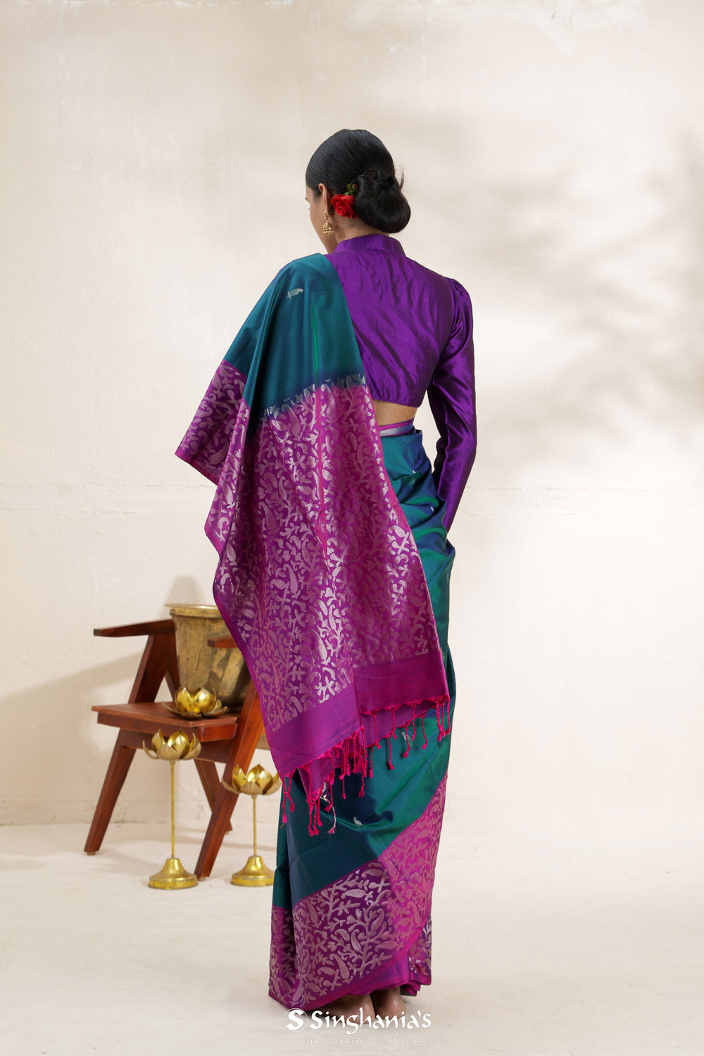 Teal Blue Soft Silk Saree With Contrast Floral Border