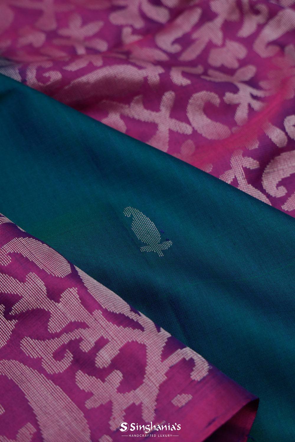 Teal Blue Soft Silk Saree With Contrast Floral Border