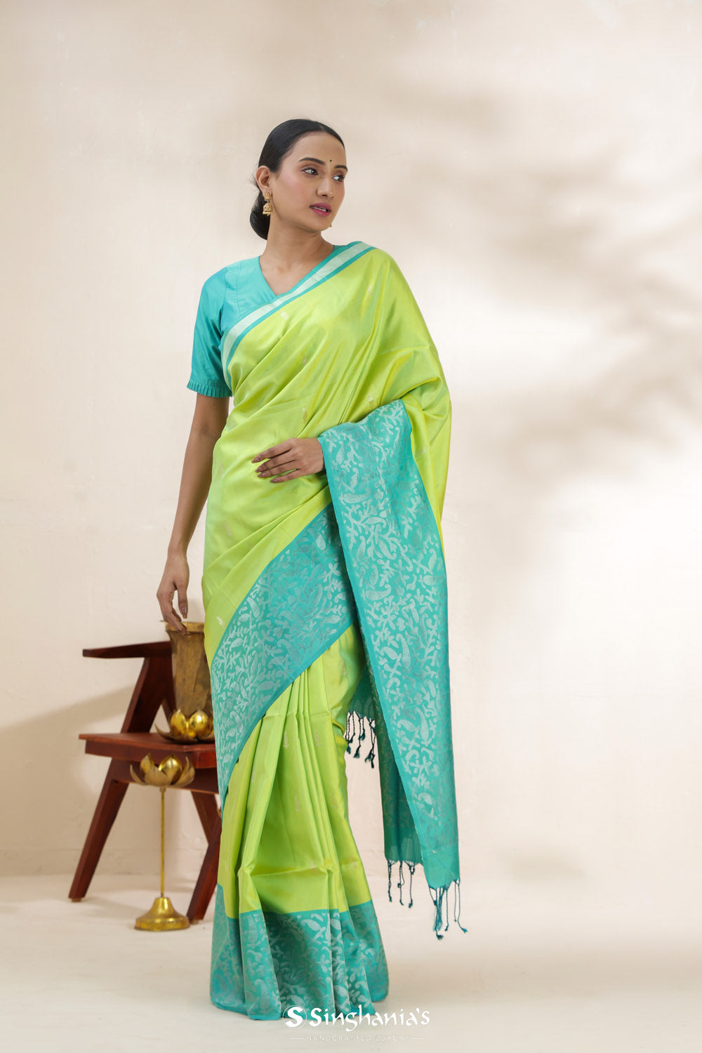 Lime Green Soft Silk Saree With Contrast Border