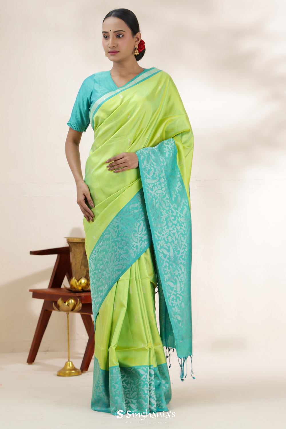 Lime Green Soft Silk Saree With Contrast Border