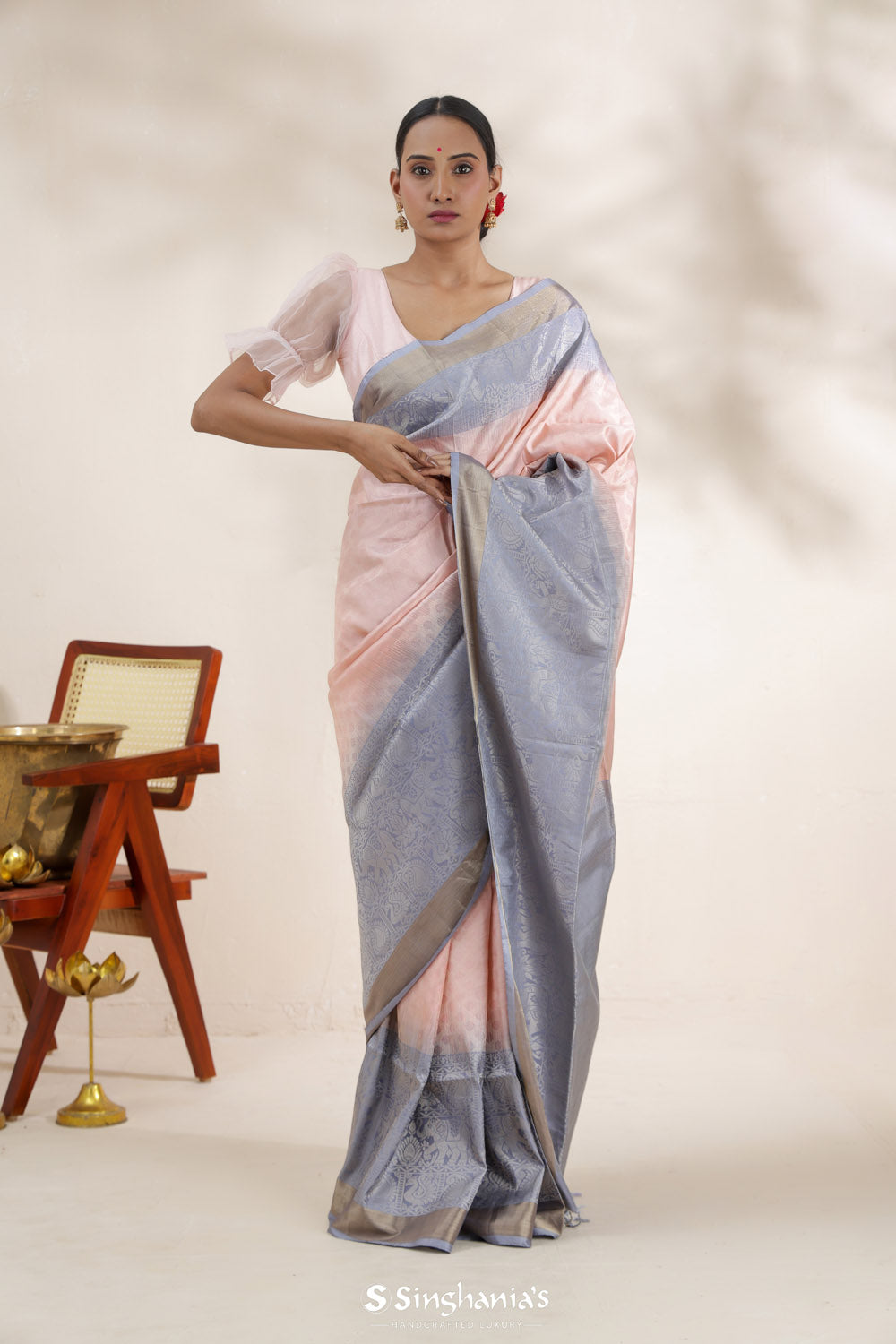 Oyster Pink Soft Silk Saree With Zari Weaving