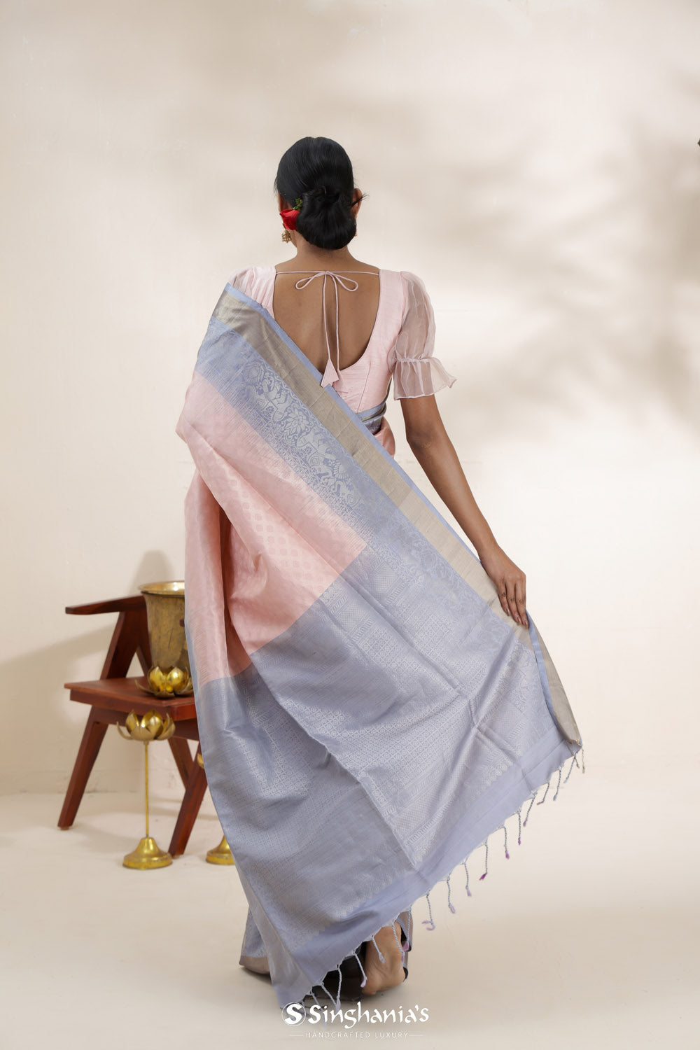 Oyster Pink Soft Silk Saree With Zari Weaving