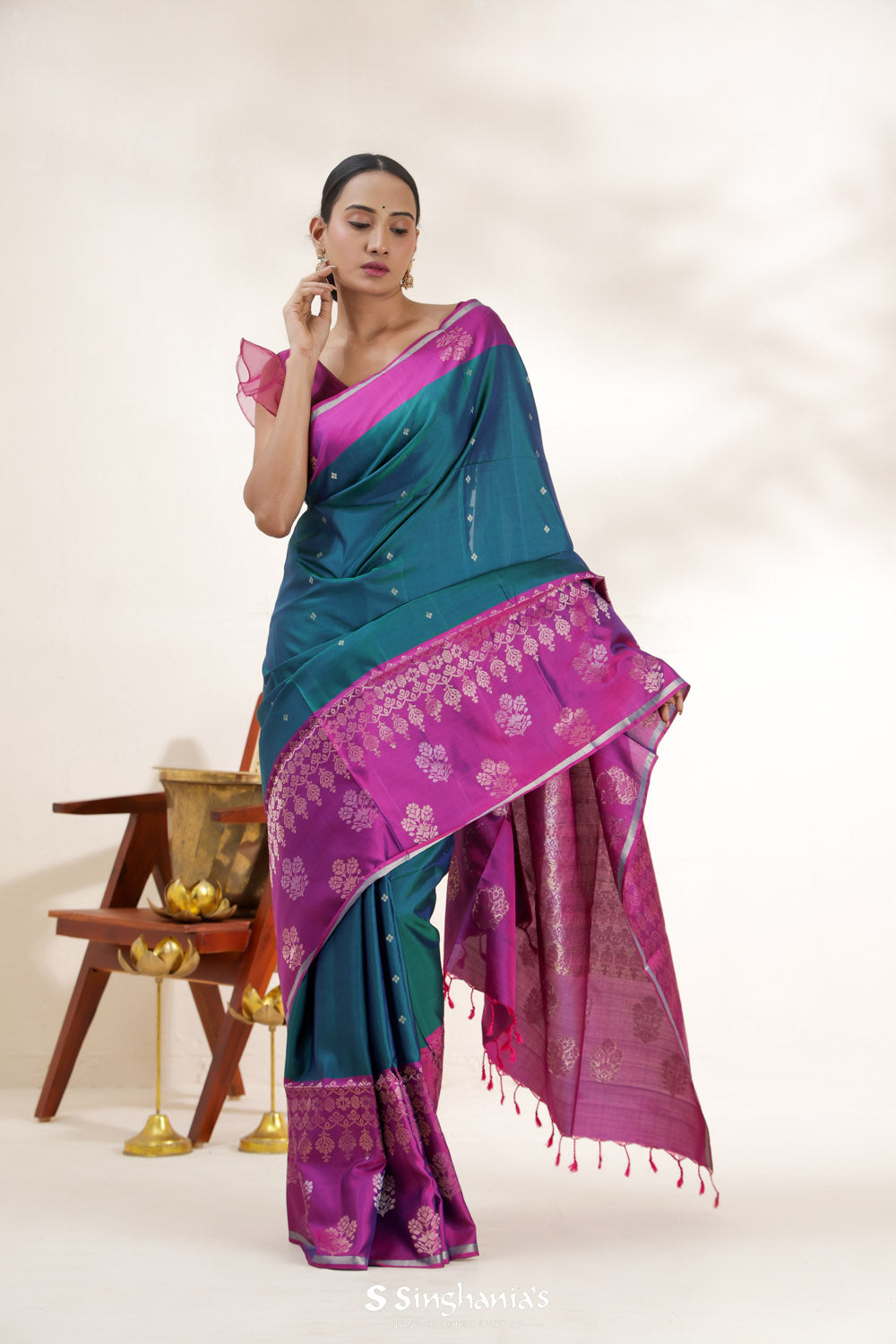 Teal Blue Soft Silk Saree With Contrast Border