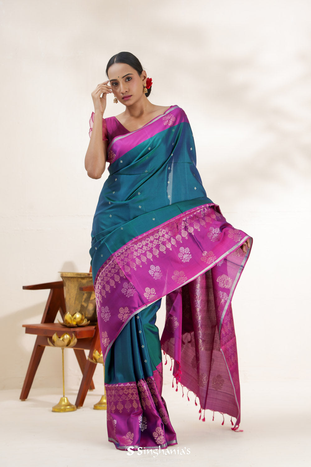 Teal Blue Soft Silk Saree With Contrast Border