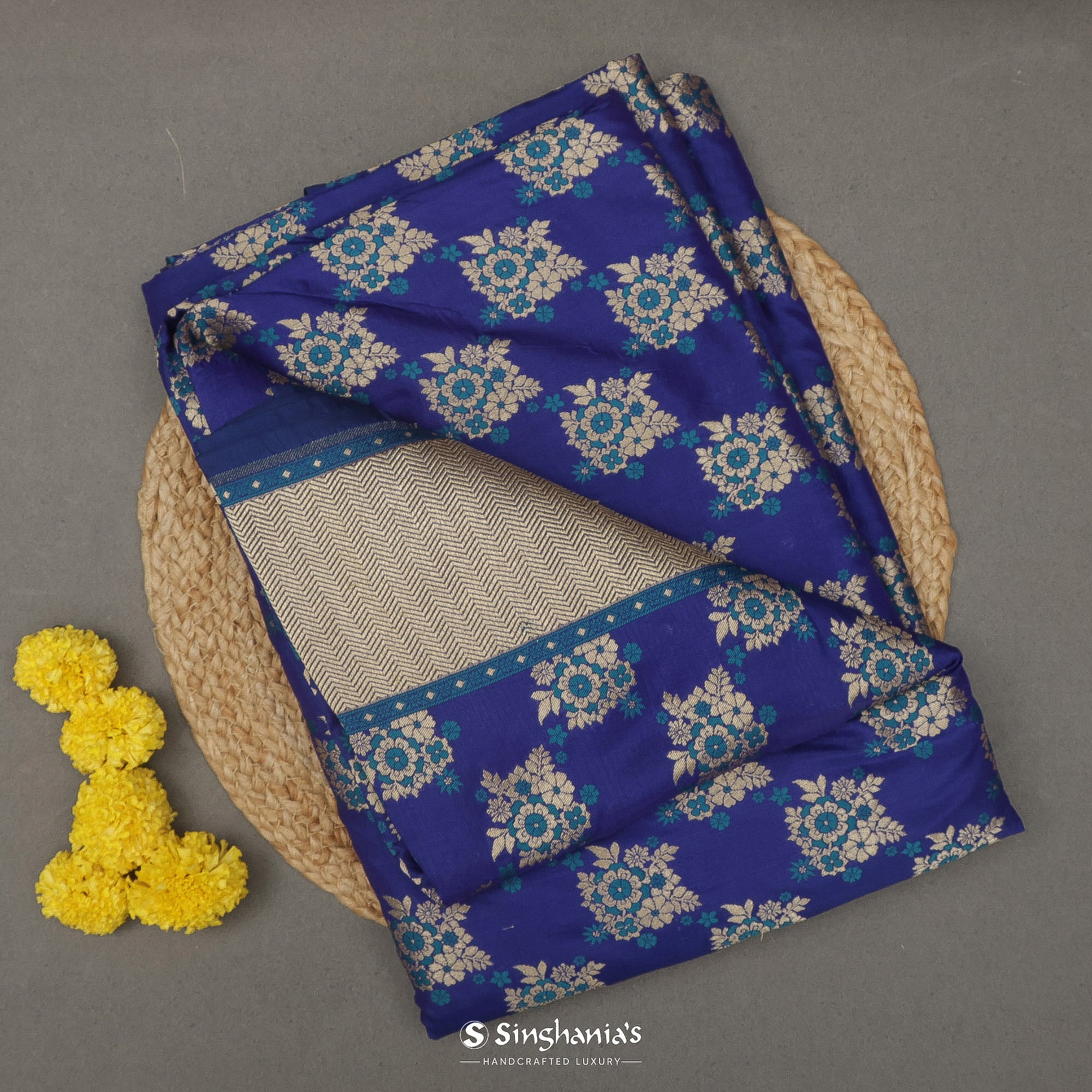 Iris Blue Silk Saree With Floral Buttas With Banarasi Weaving
