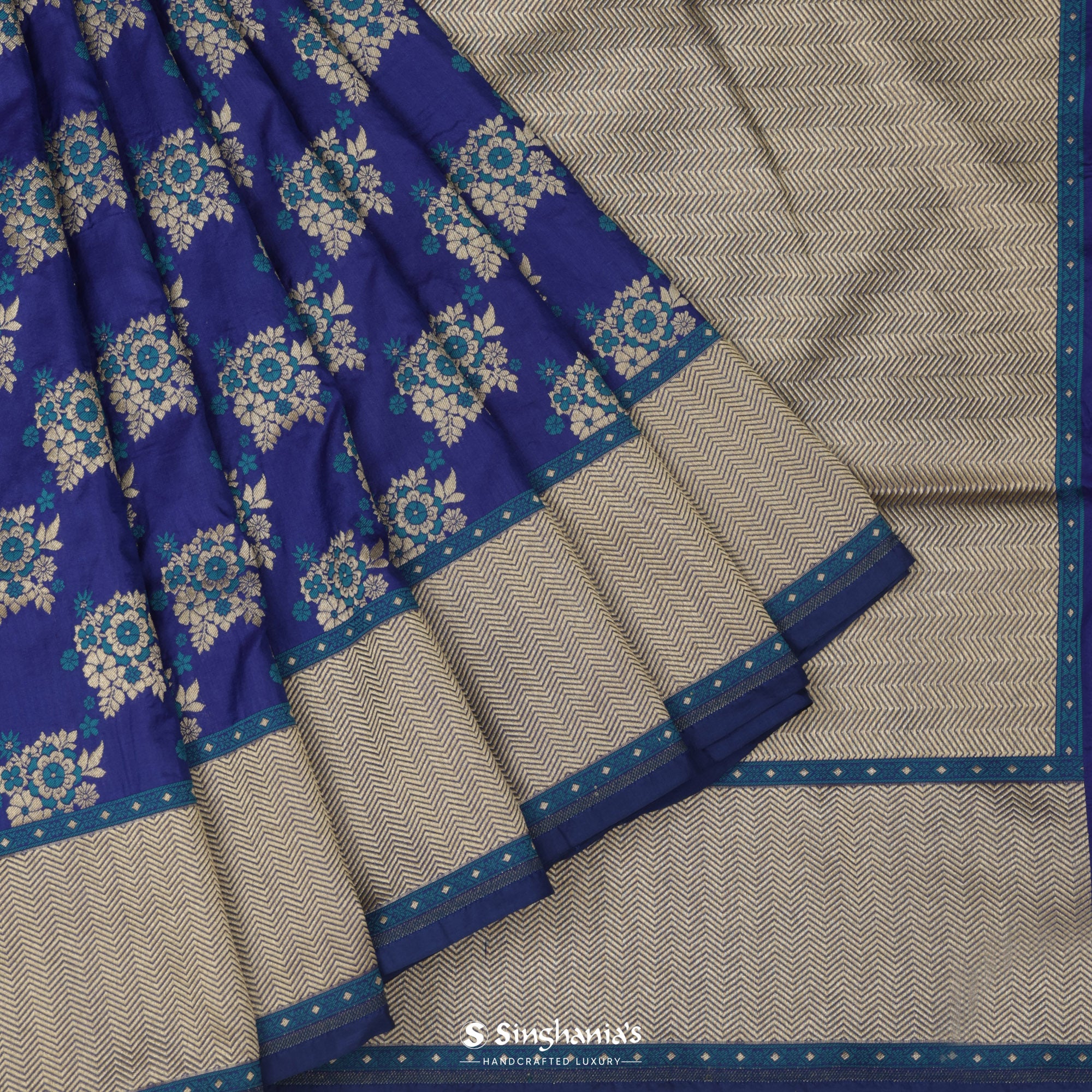 Iris Blue Silk Saree With Floral Buttas With Banarasi Weaving