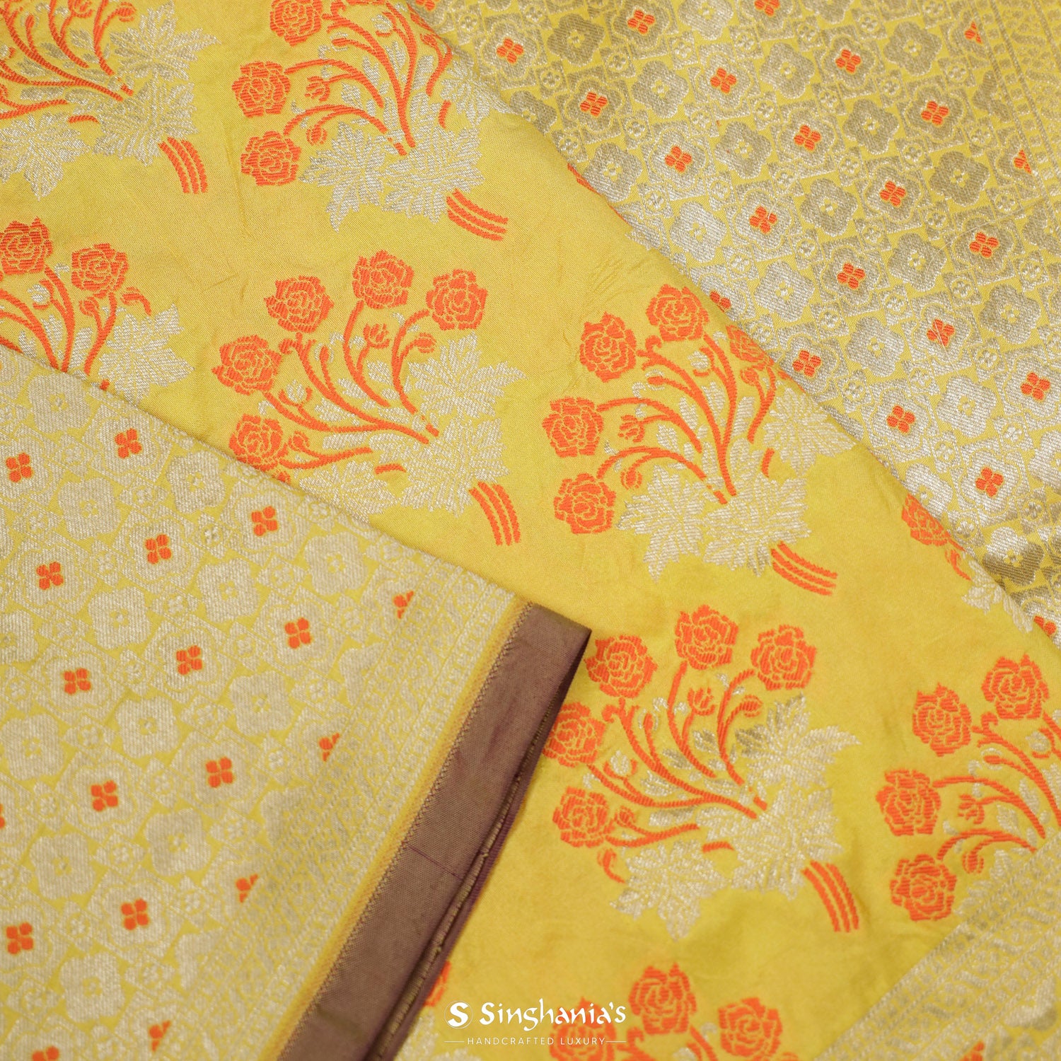 Dandelion Yellow Banarasi Saree With Meenakari Floral Weaving