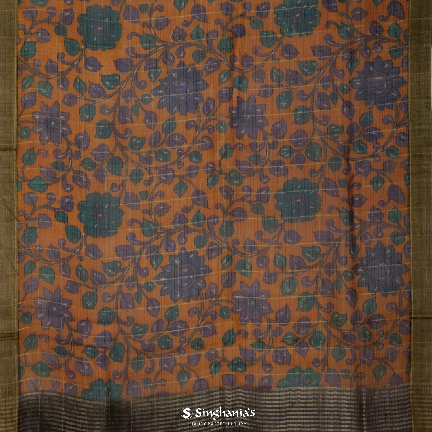 Tree Sap Orange Organza Saree With Floral Printed Checks Pattern