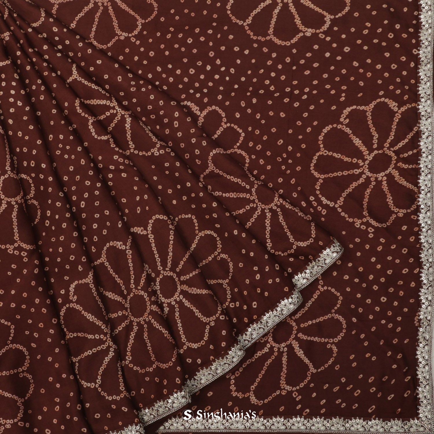 Coffee Brown Printed Silk Saree With Bandhani Pattern And Sequin Embroidery Border