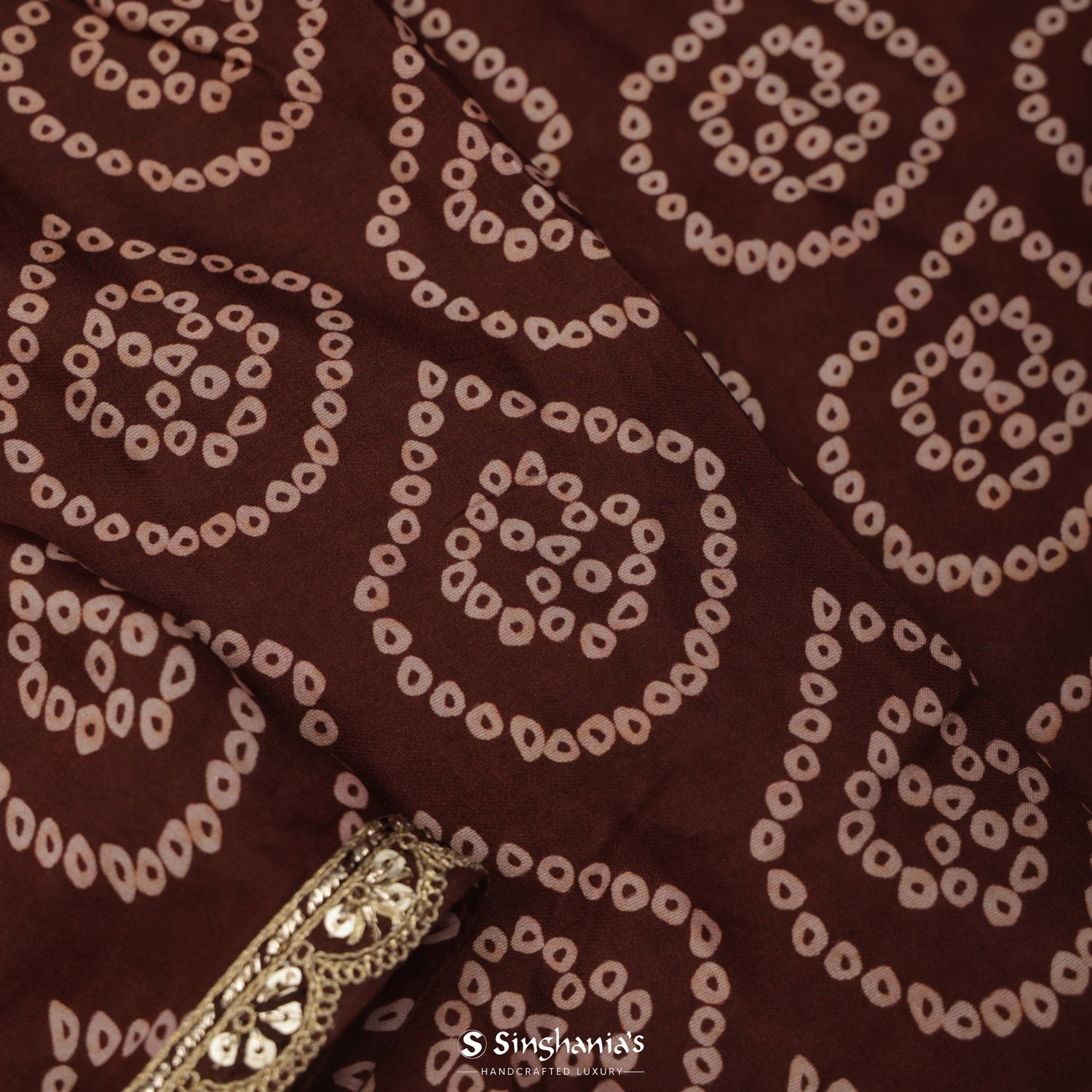 Deep Coffee Printed Silk Saree With Bandhani Pattern