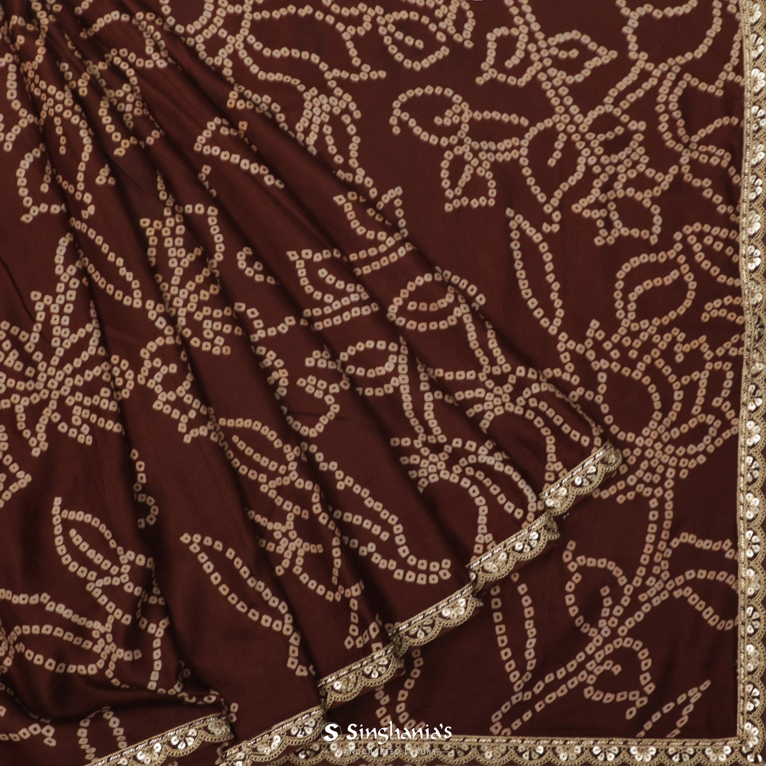 Dark Coffee Silk Saree With Bandhani Pattern & Embroidery Border