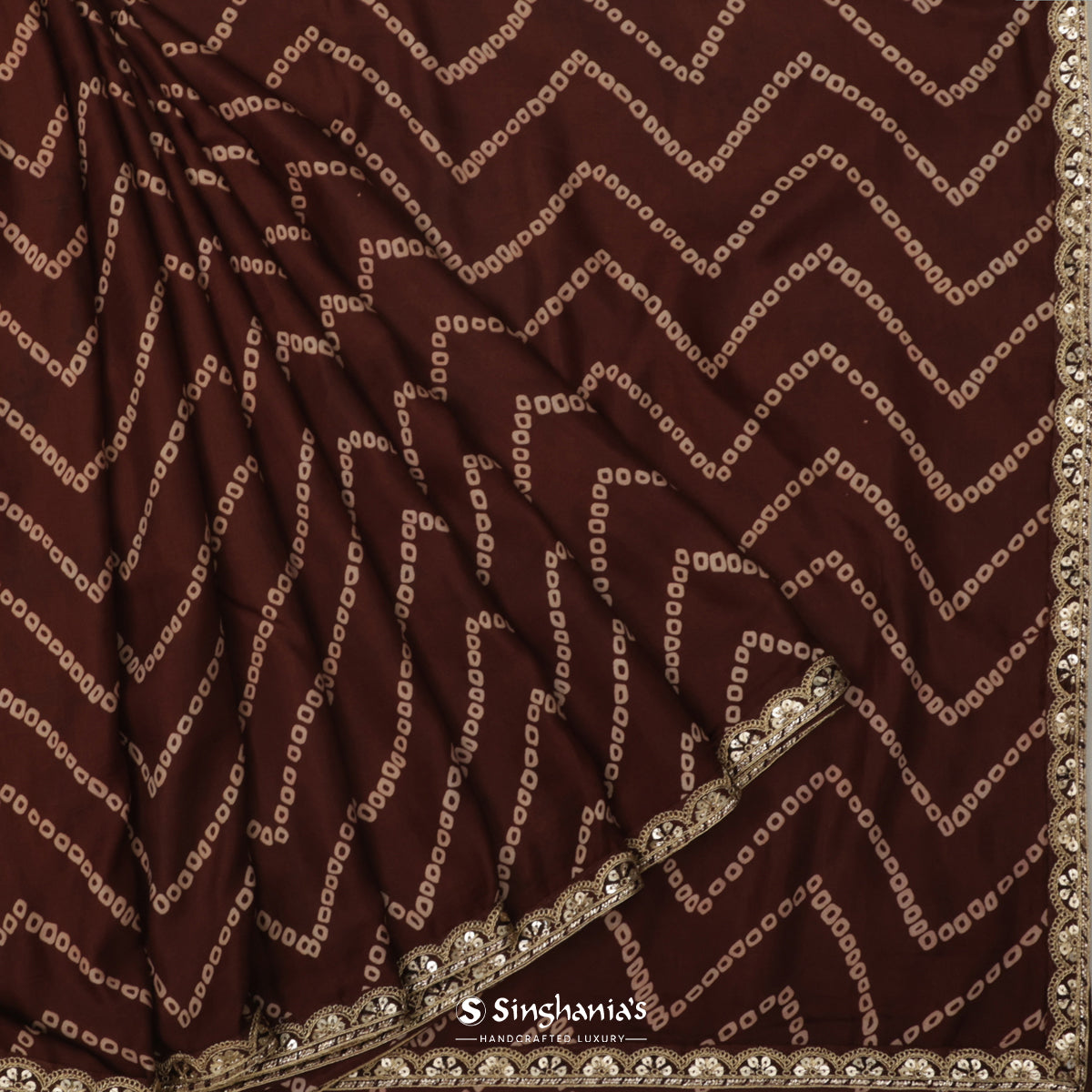 Brown Printed Silk Saree With Bandhani Pattern