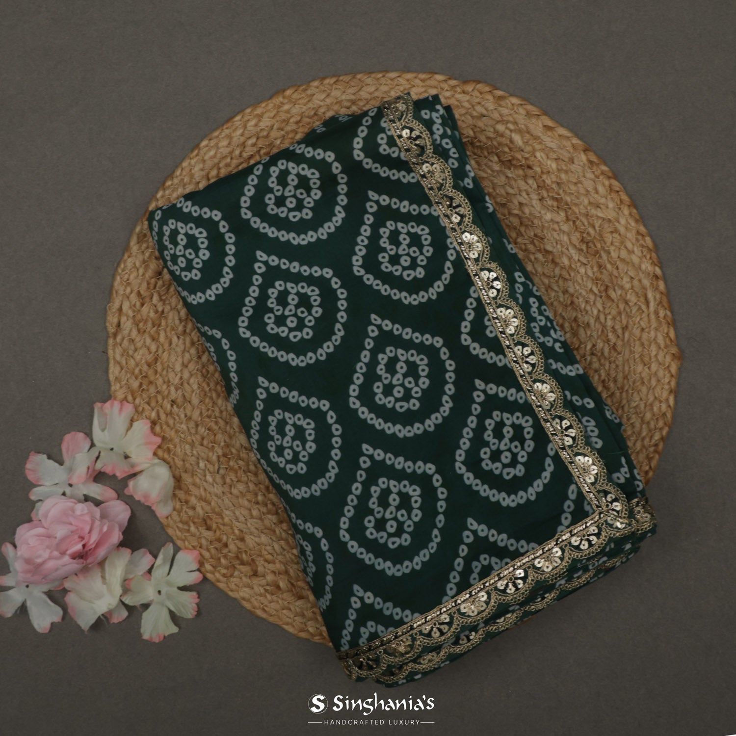 Medium Jungle Green Printed Silk Saree With Bandhani Pattern