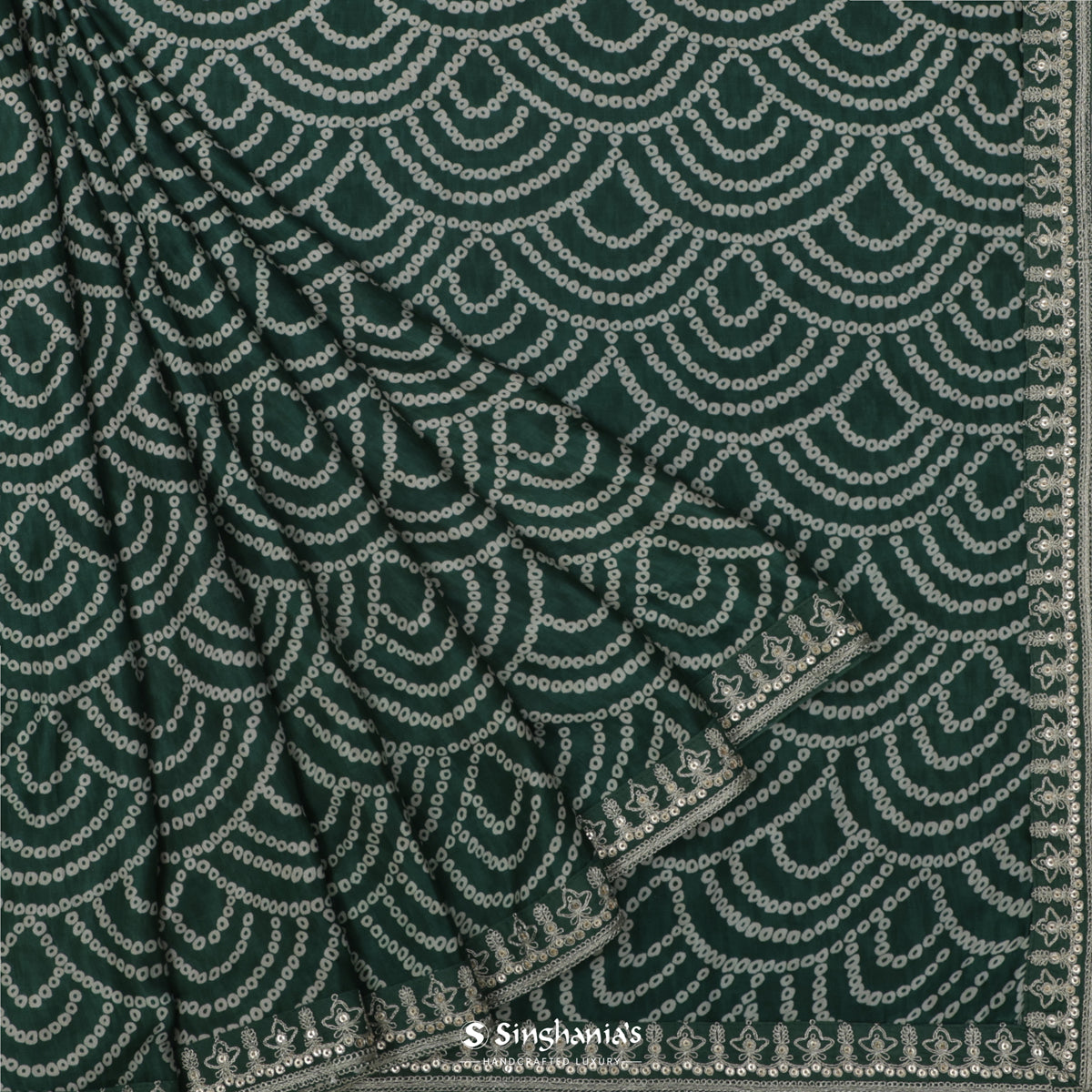 Medium Jungle Green Printed Silk Saree With Bandhini Work