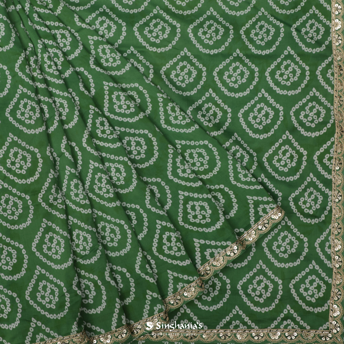 Hunter Green Printed Silk Saree With Bandhini Work