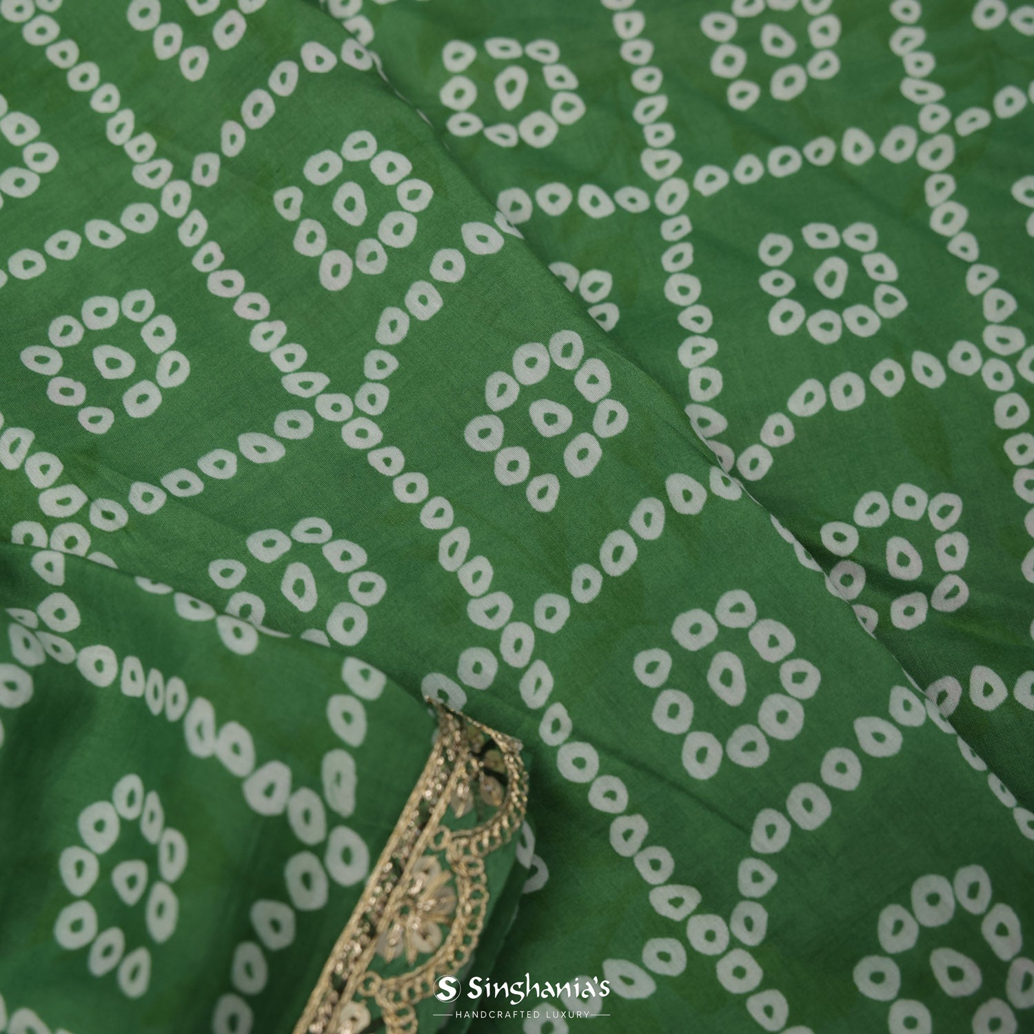 Fern Green Printed Silk Saree With Bandhani Pattern