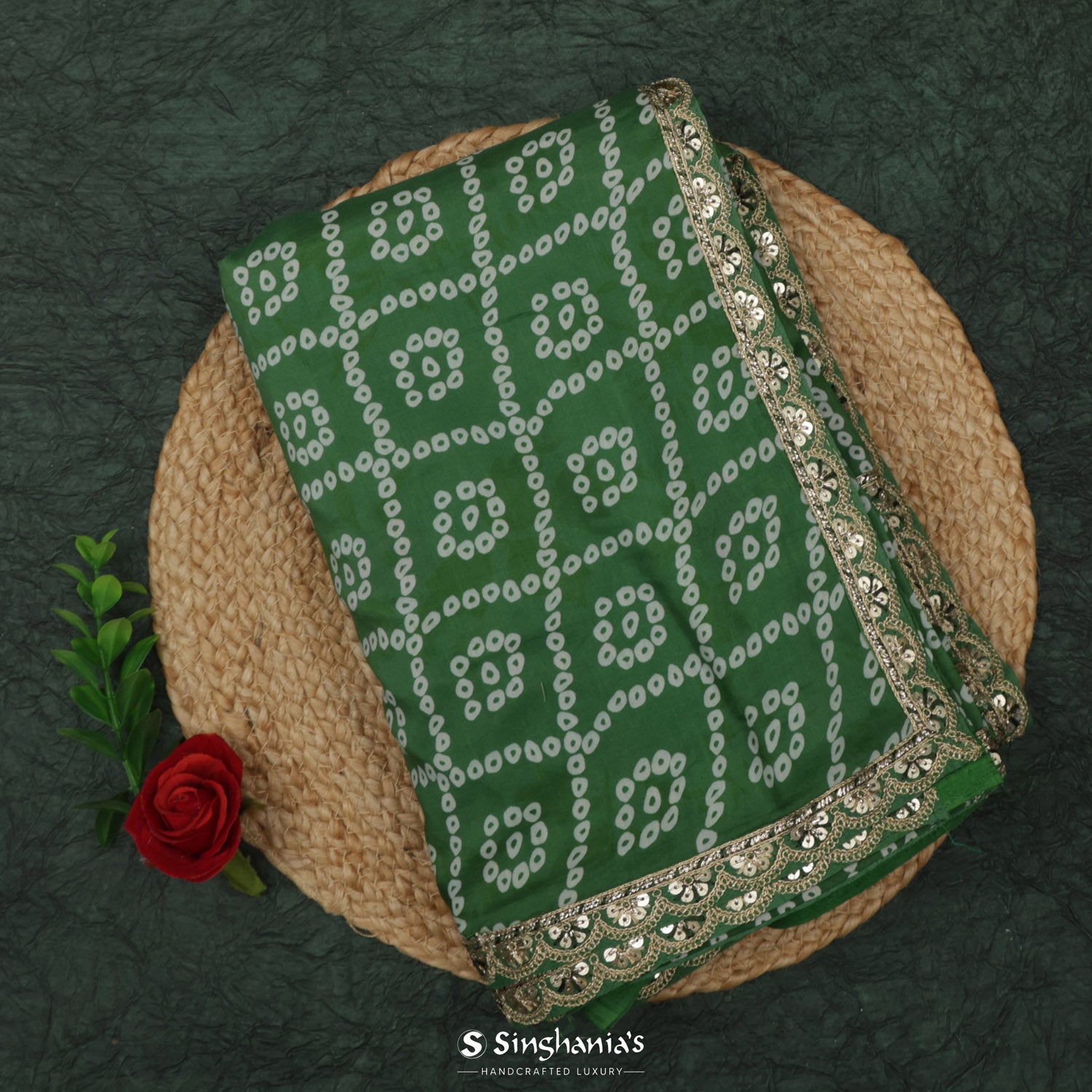 Fern Green Printed Silk Saree With Bandhani Pattern