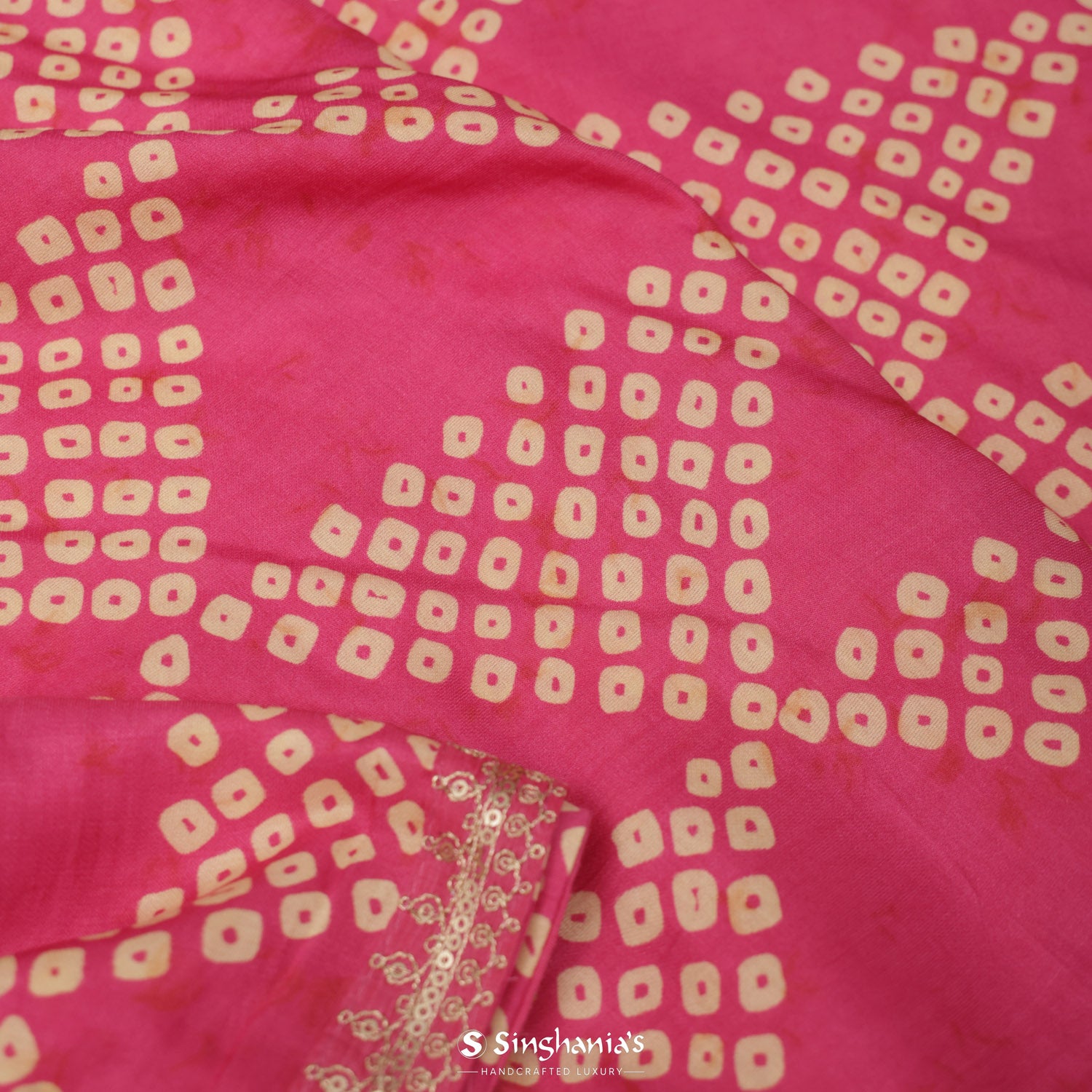 Dark Pink Printed Silk Saree With Bandhani Pattern