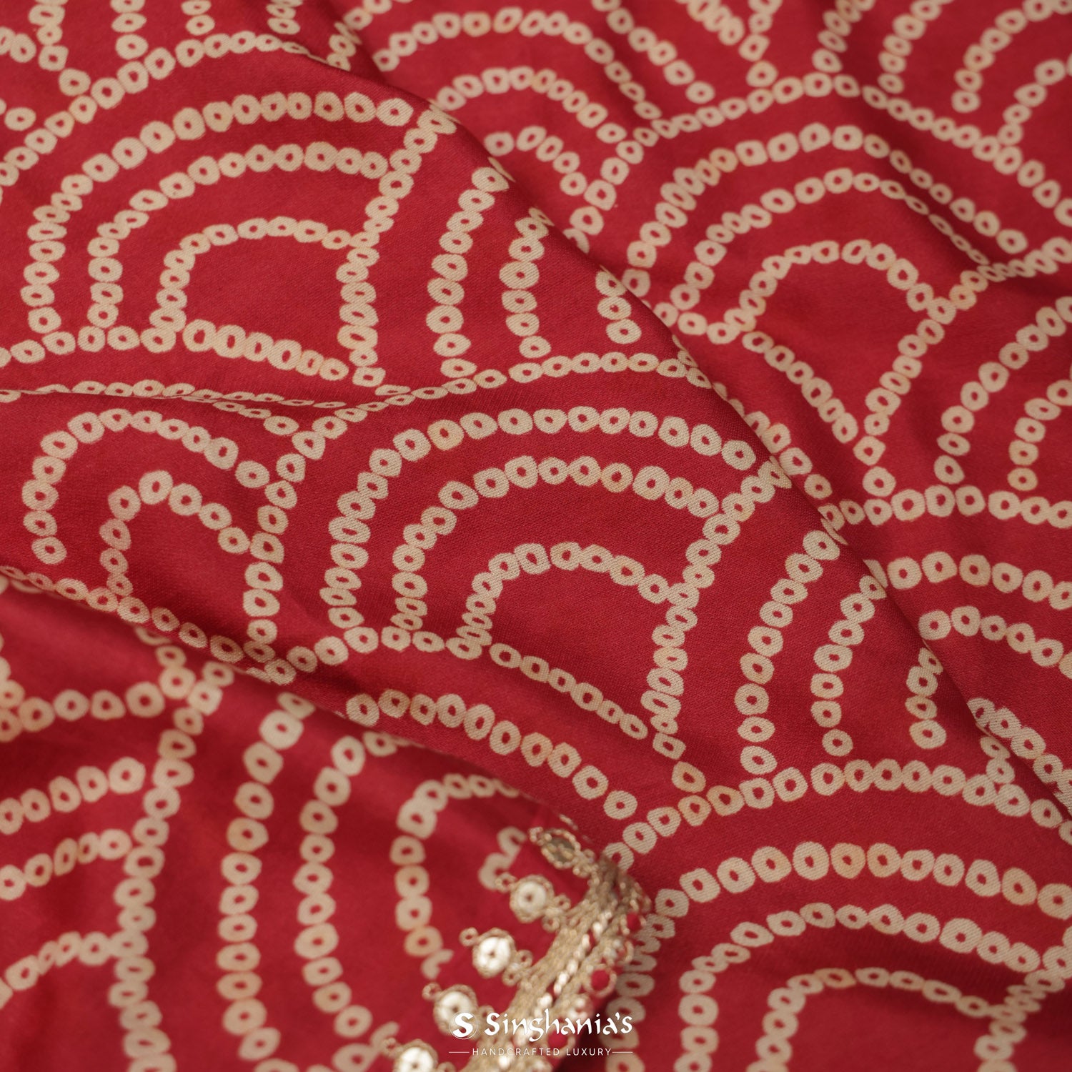 Persian Red Printed Silk Saree With Bandhani Pattern
