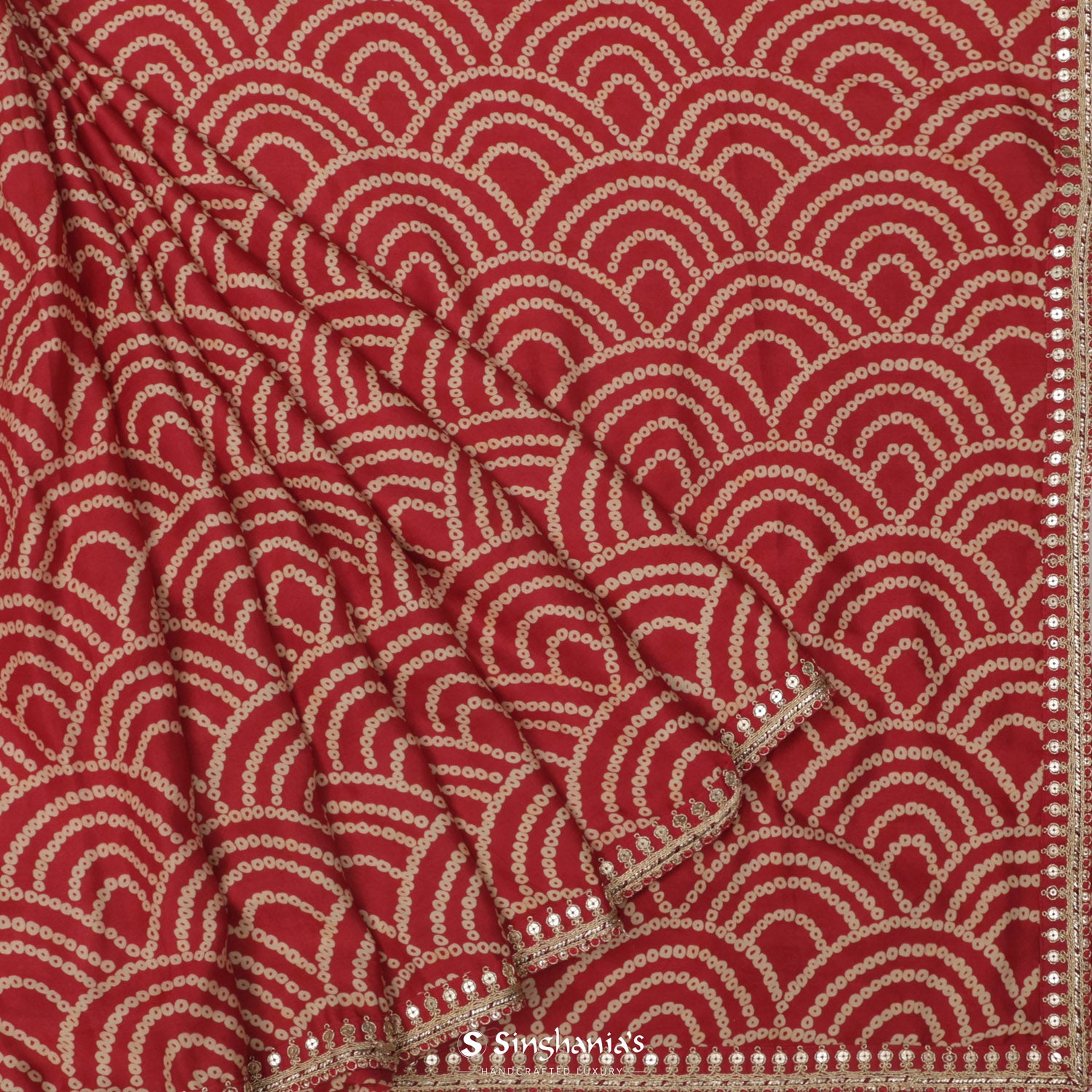 Persian Red Printed Silk Saree With Bandhani Pattern
