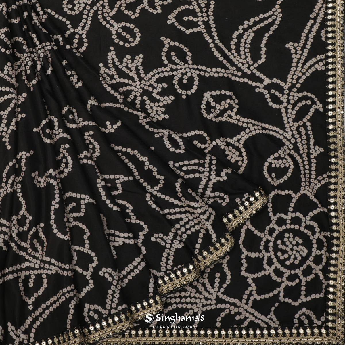 Black Printed Silk Saree With Bandhani Pattern
