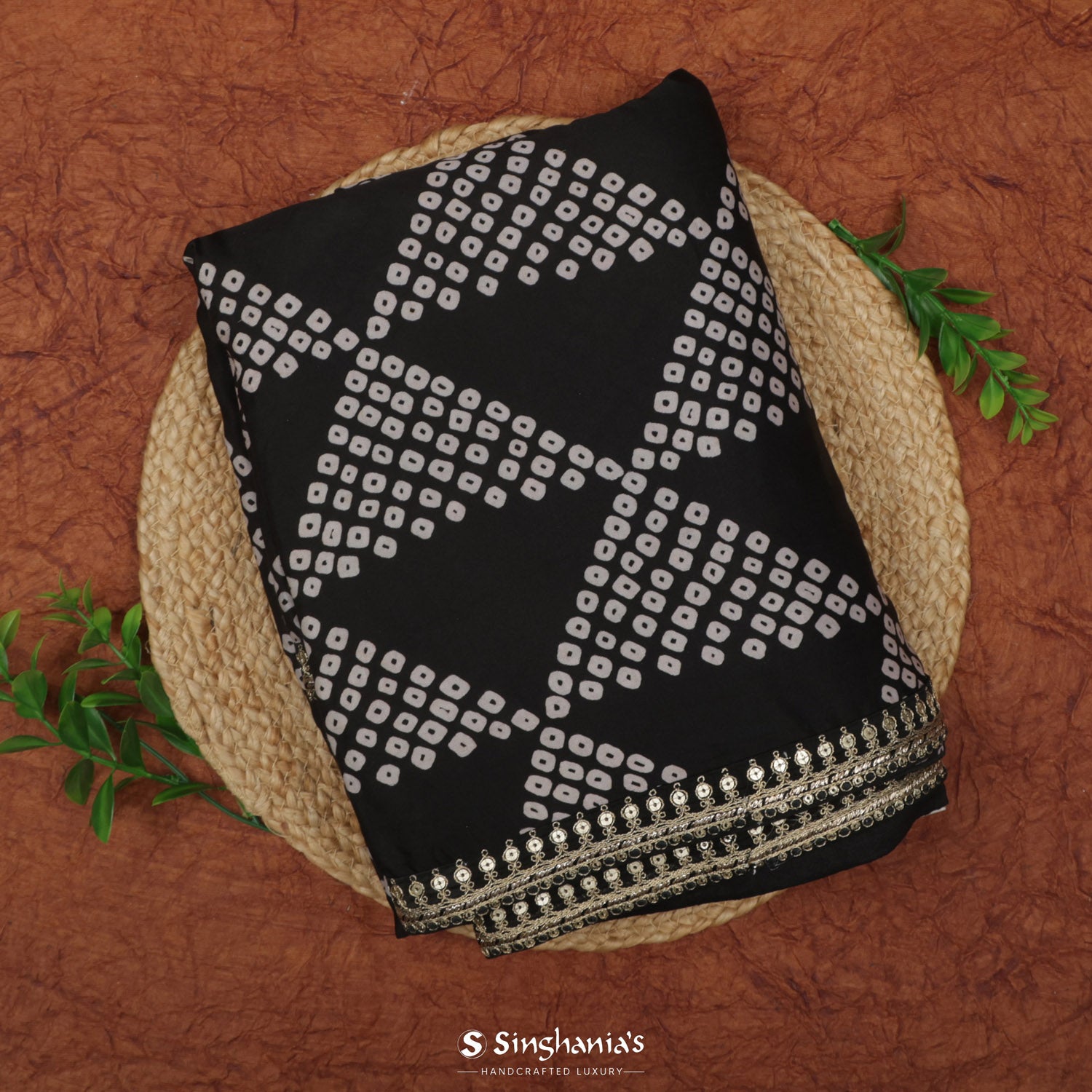 Dark Black Printed Silk Saree With Bandhini Pattern