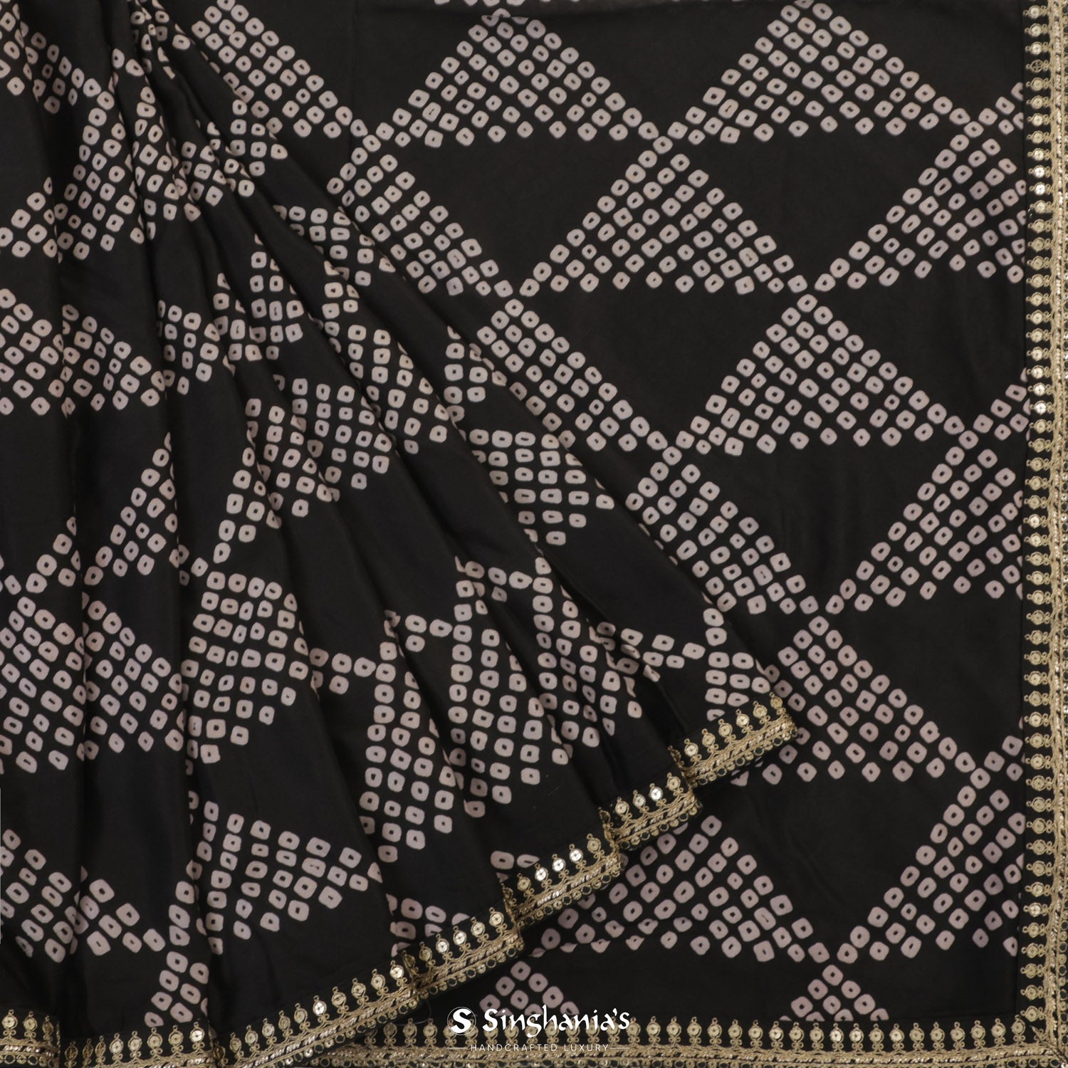 Dark Black Printed Silk Saree With Bandhini Pattern