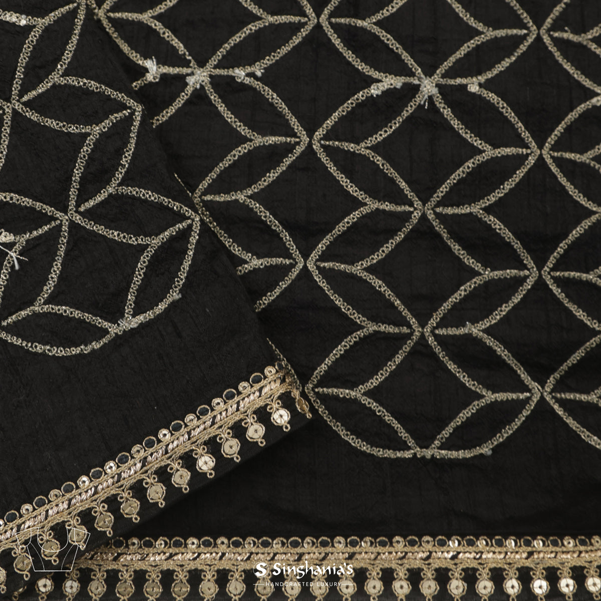 Iron Black Printed Silk Saree With Bandhini Work