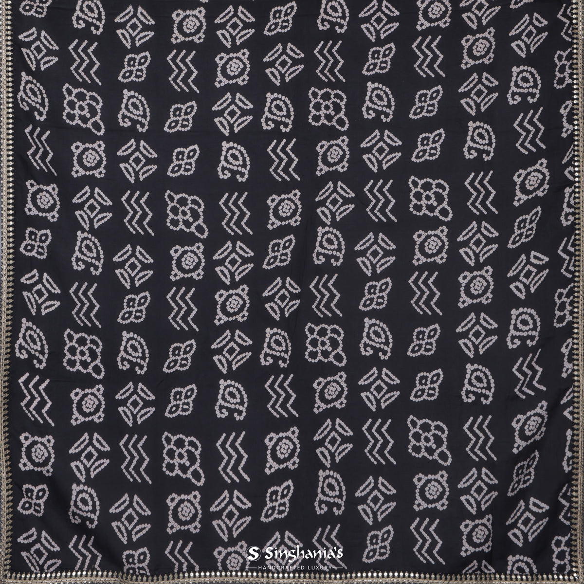 Iron Black Printed Silk Saree With Bandhini Work