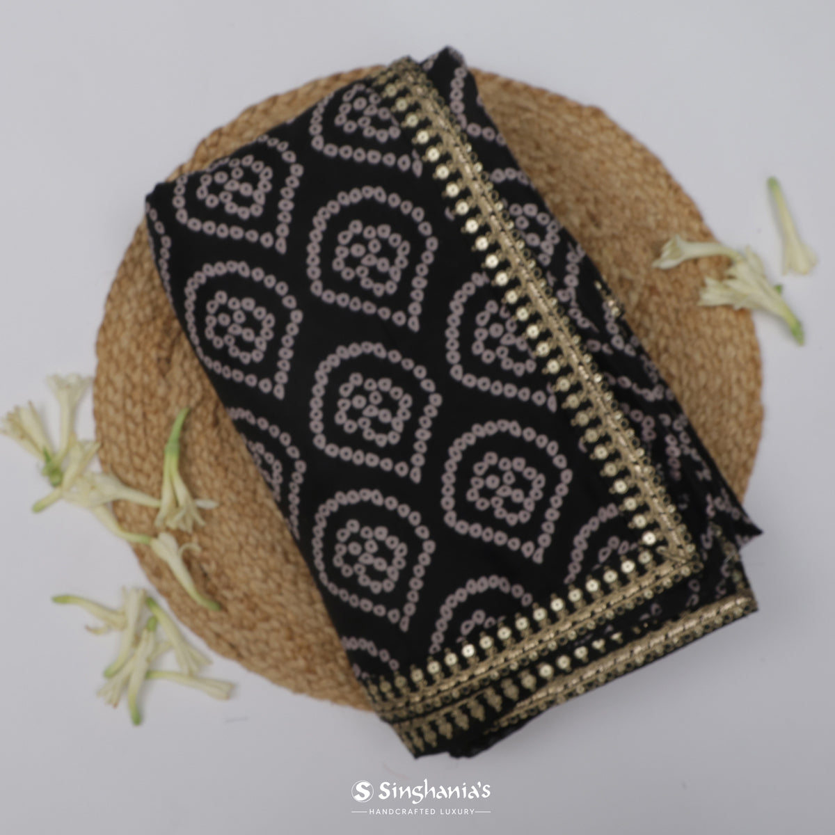 Cool Black Printed Silk Saree With Bandhini Work