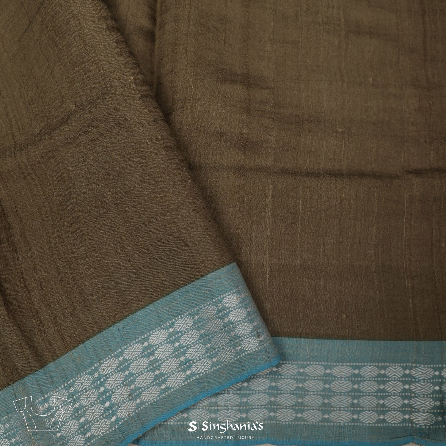 Dark Beige Printed Tussar Saree With Checks Pattern