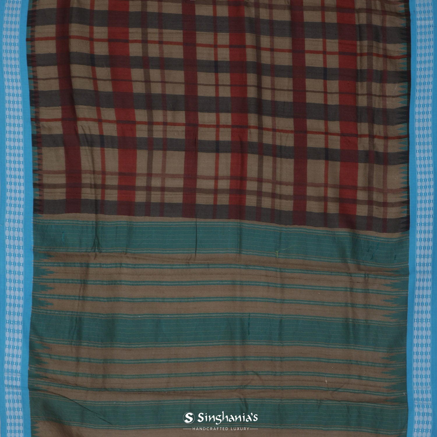 Dark Beige Printed Tussar Saree With Checks Pattern