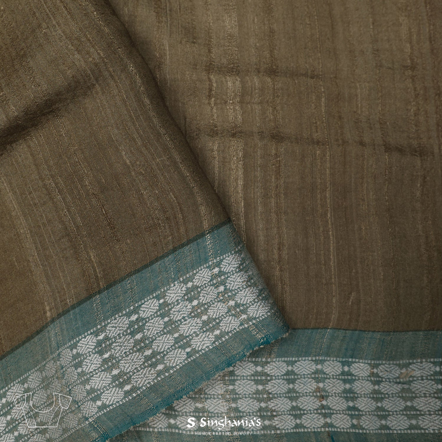 Brown Tussar Printed Silk Saree With Checks Pattern