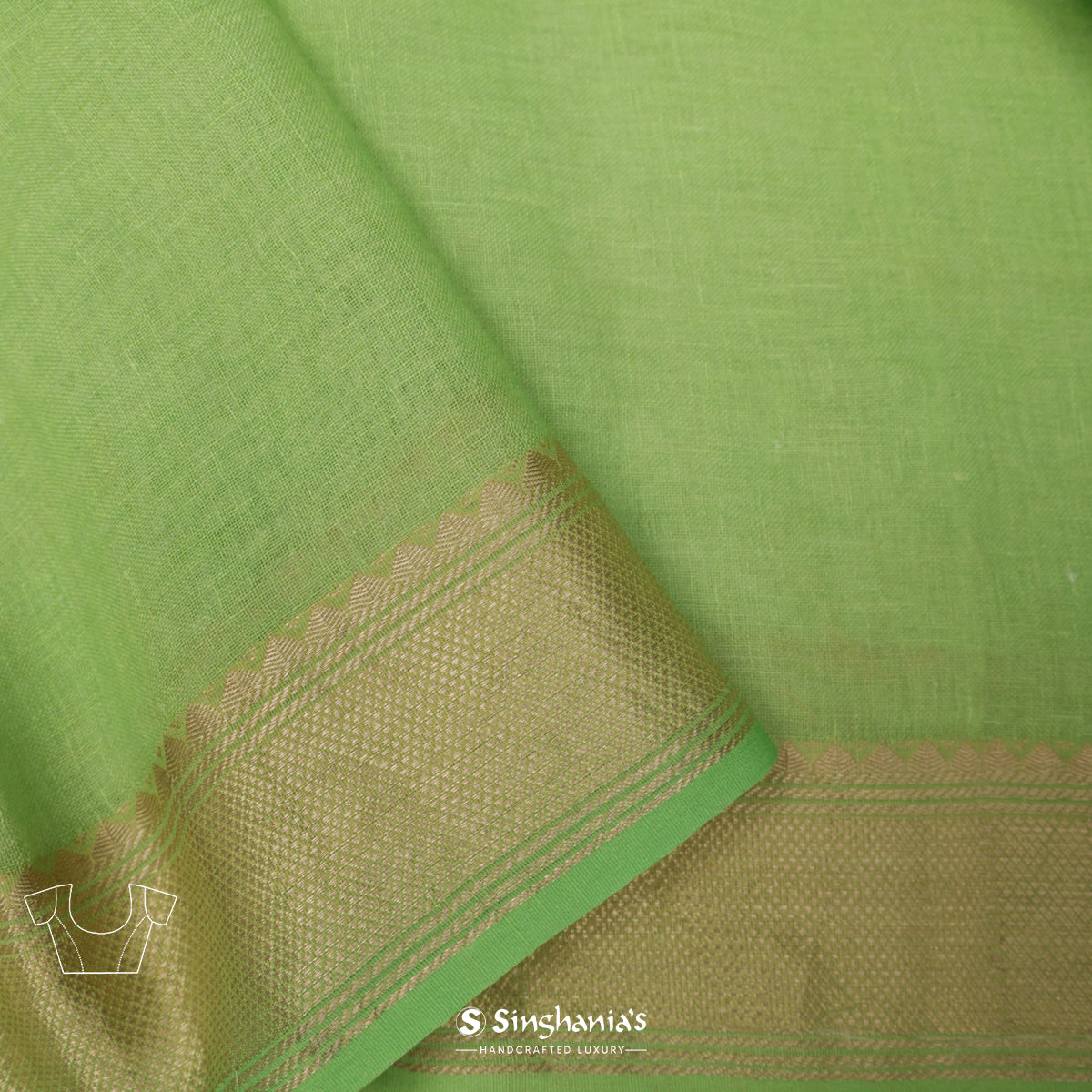 Light Green Printed Linen Saree With Block Pattern