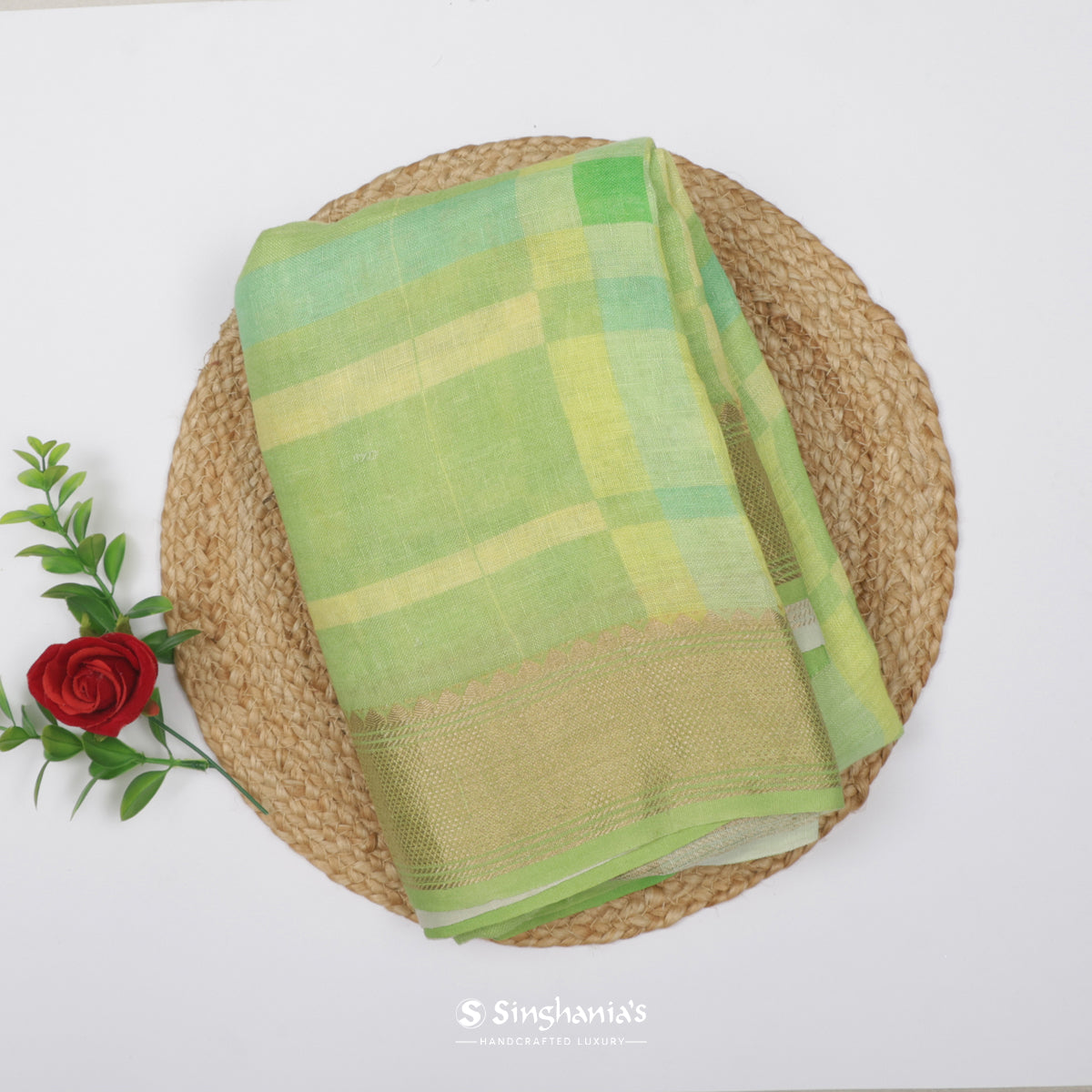 Light Green Printed Linen Saree With Block Pattern