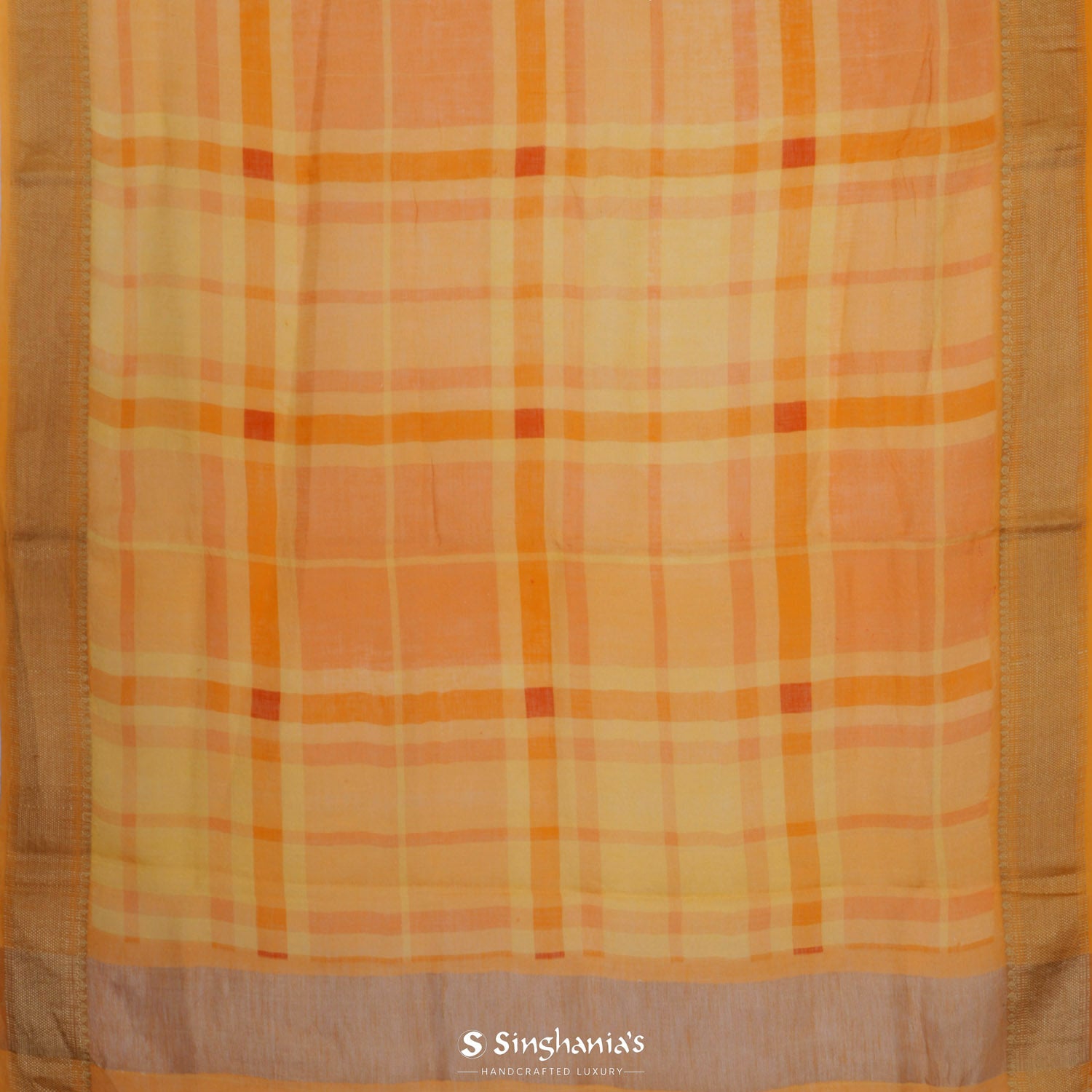 Light Saffron Yellow Printed Linen Saree With Checks Pattern
