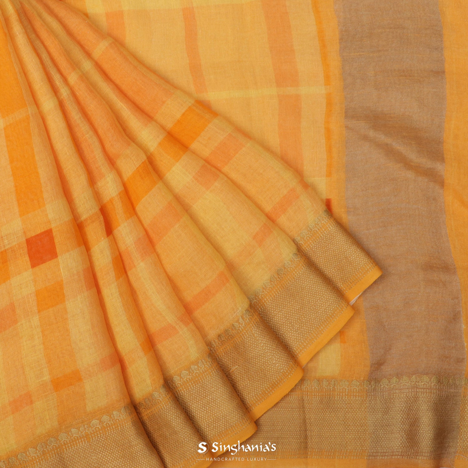 Light Saffron Yellow Printed Linen Saree With Checks Pattern